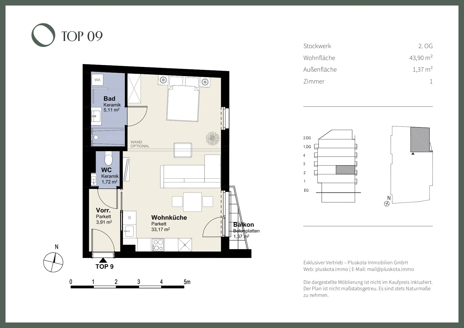 Grundriss Top 09 — Das Vivenot — 1 Zimmer — 43,9 m² — 2nd floor — Balkon