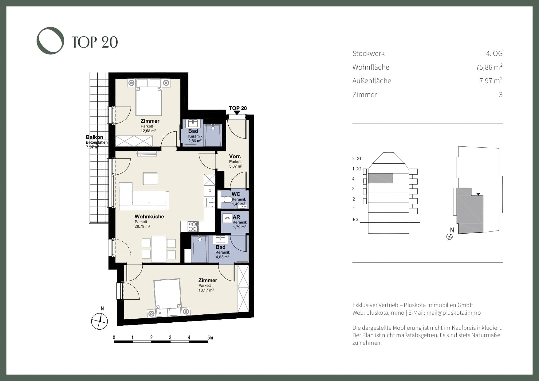Grundriss Top 20 — Das Vivenot — 3 Zimmer — 75,9 m² — 4th floor — Balkon