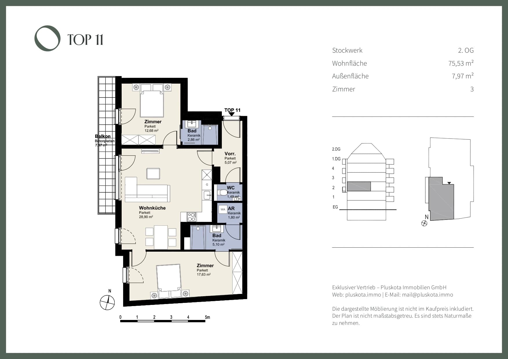 Grundriss Top 11 — Das Vivenot — 3 Zimmer — 75,5 m² — 2nd floor — Balkon