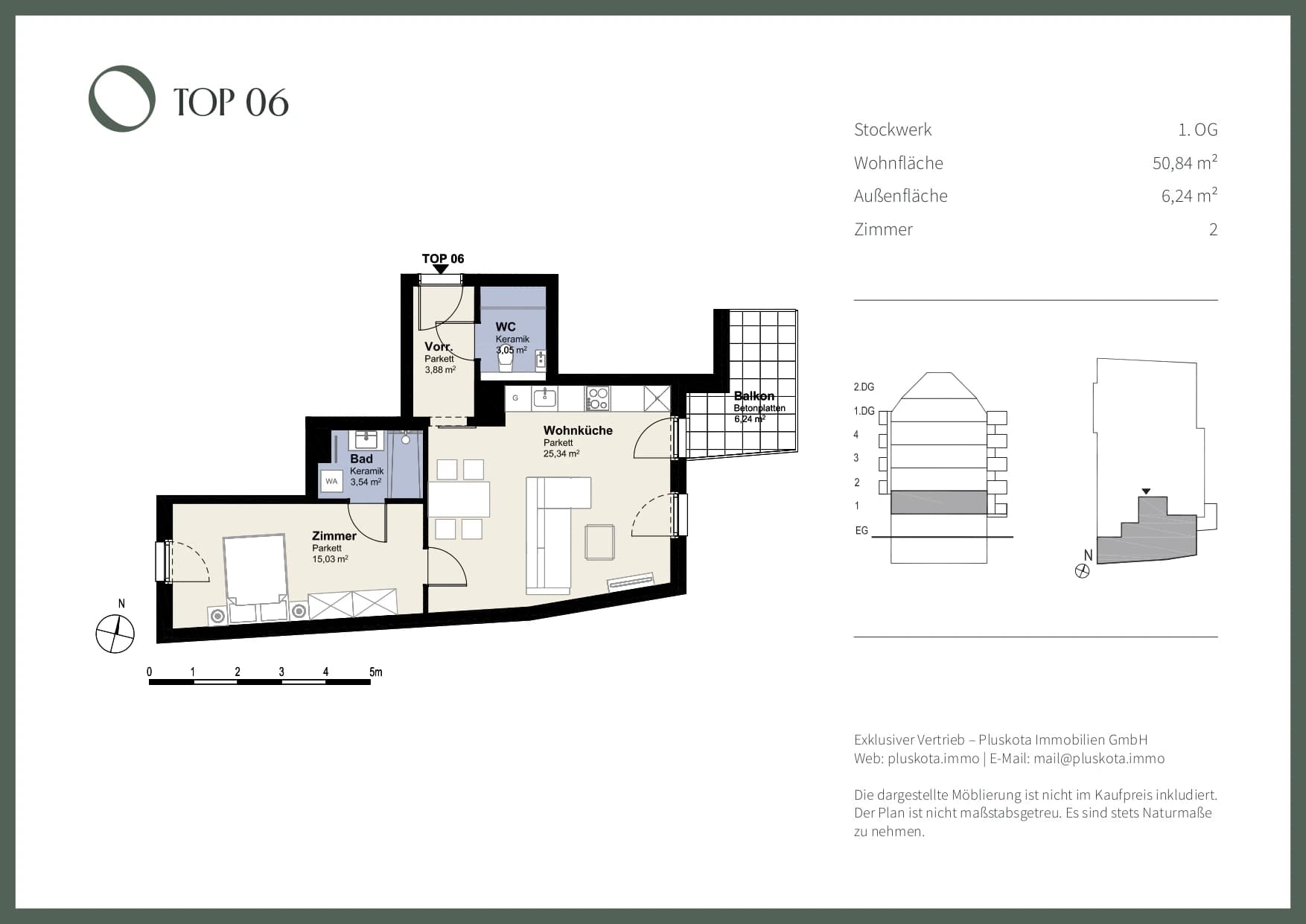 Grundriss Top 06 — Das Vivenot — 2 Zimmer — 50,8 m² — 1st floor — Balkon