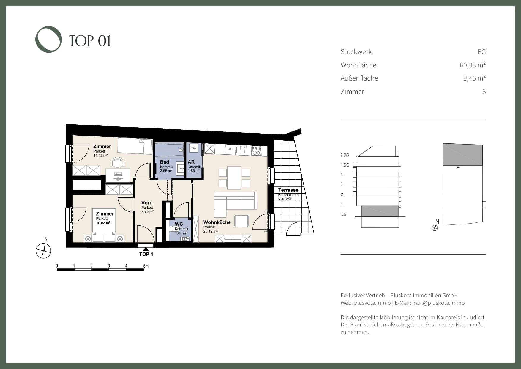 Grundriss Top 01 — Das Vivenot — 3 Zimmer — 60,3 m² — Ground floor — Garten