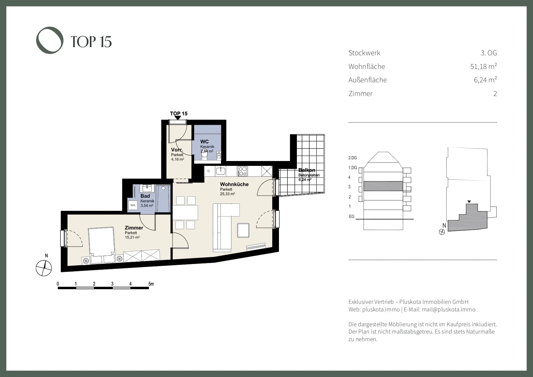Grundriss Top 15 — Das Vivenot — 2 Zimmer — 51,2 m² — 3rd floor — Balkon