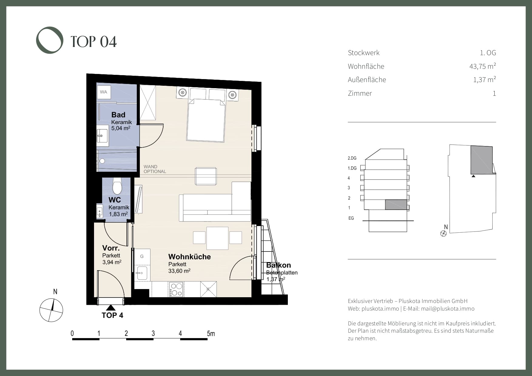 Grundriss Top 04 — Das Vivenot — 1 Zimmer — 43,8 m² — 1st floor — Balkon