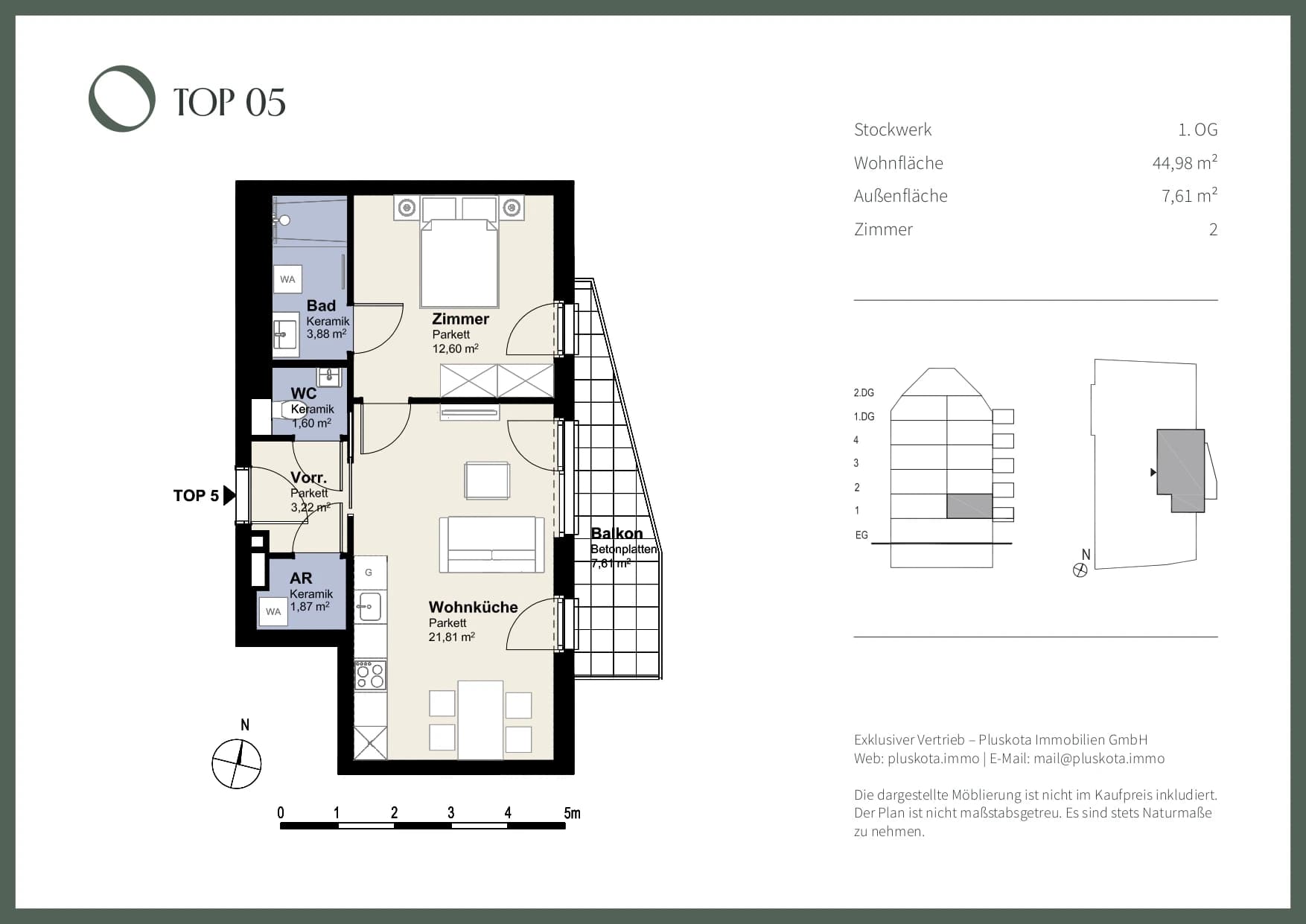 Grundriss Top 05 — Das Vivenot — 2 Zimmer — 45 m² — 1st floor — Balkon