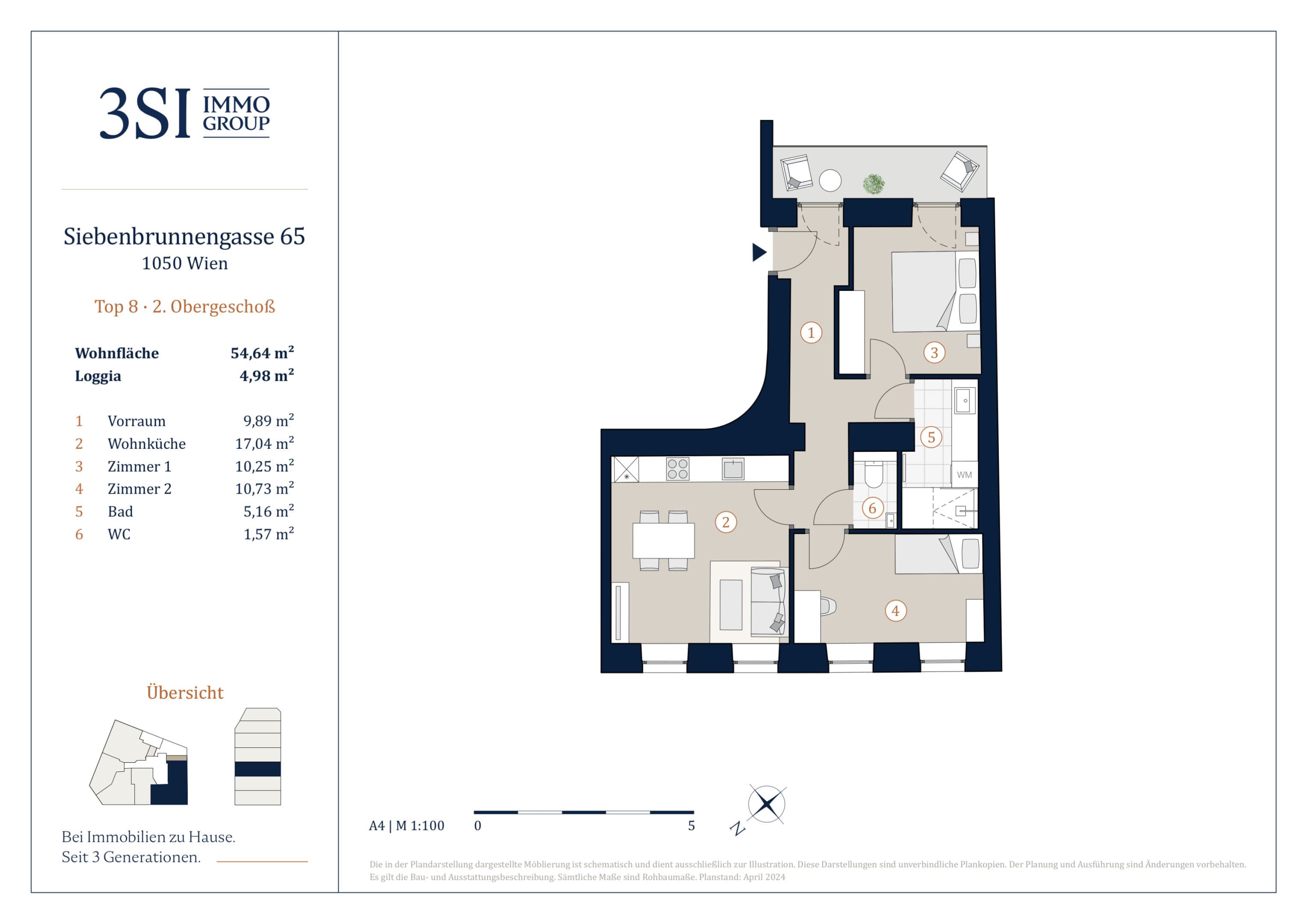 Grundriss Top 8 — Vivienne — 3 Zimmer — 54,6 m² — 2nd floor — Loggia 4.98 m²