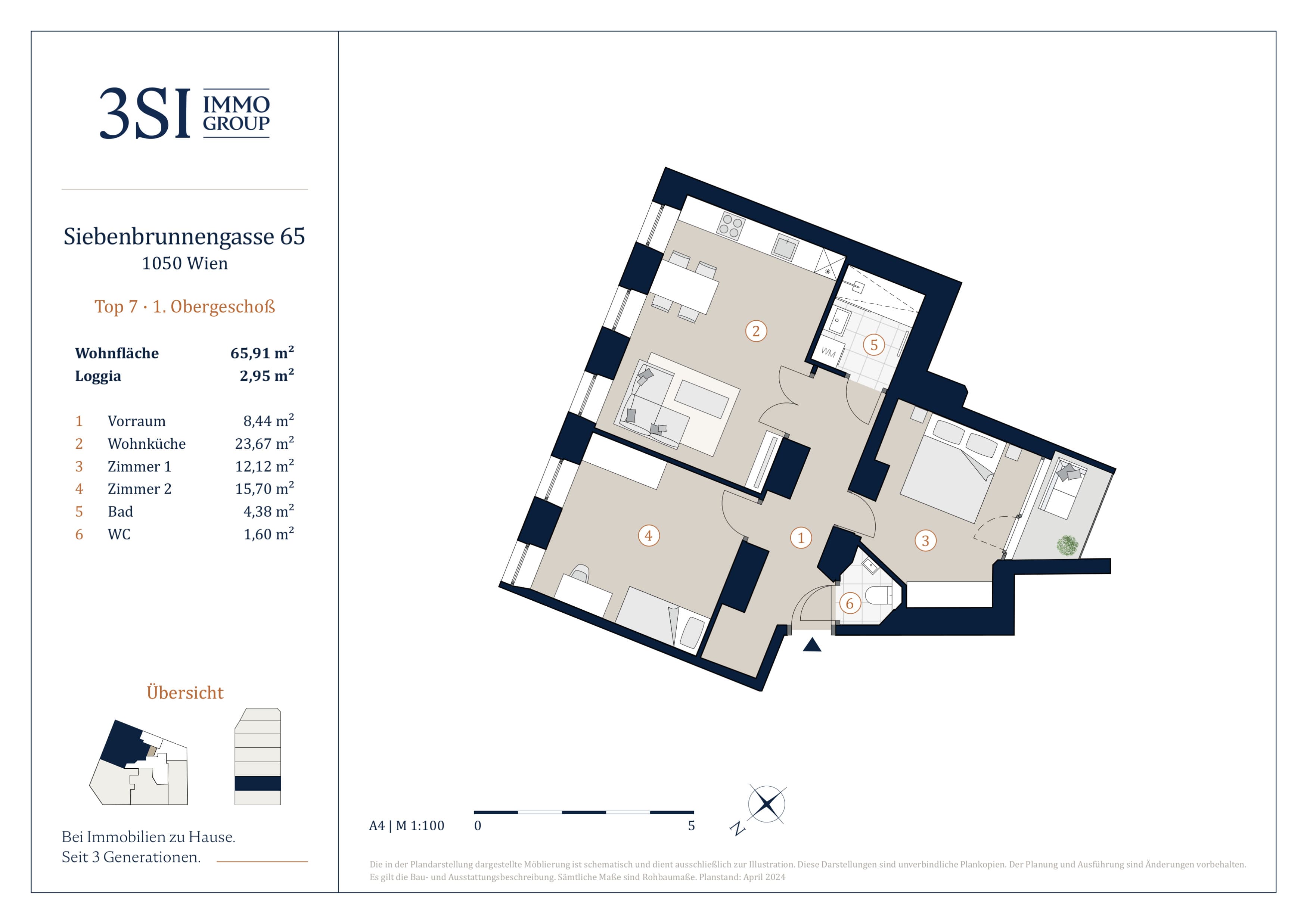 Grundriss Top 7 — Vivienne — 3 Zimmer — 65,9 m² — 1st floor — Loggia 2.95 m²