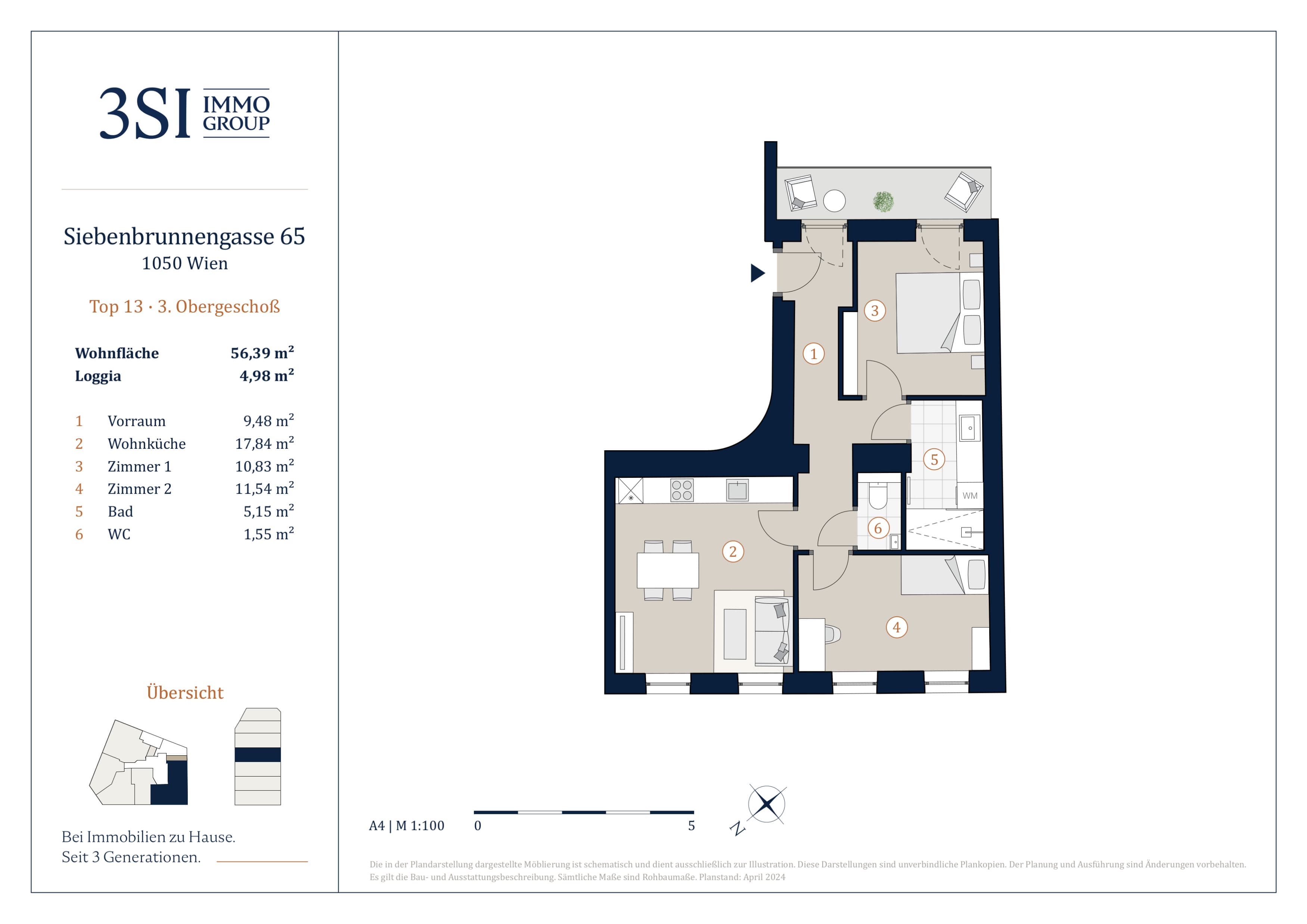 Grundriss Top 13 — Vivienne — 3 Zimmer — 56,4 m² — 3rd floor — Loggia 4.98 m²