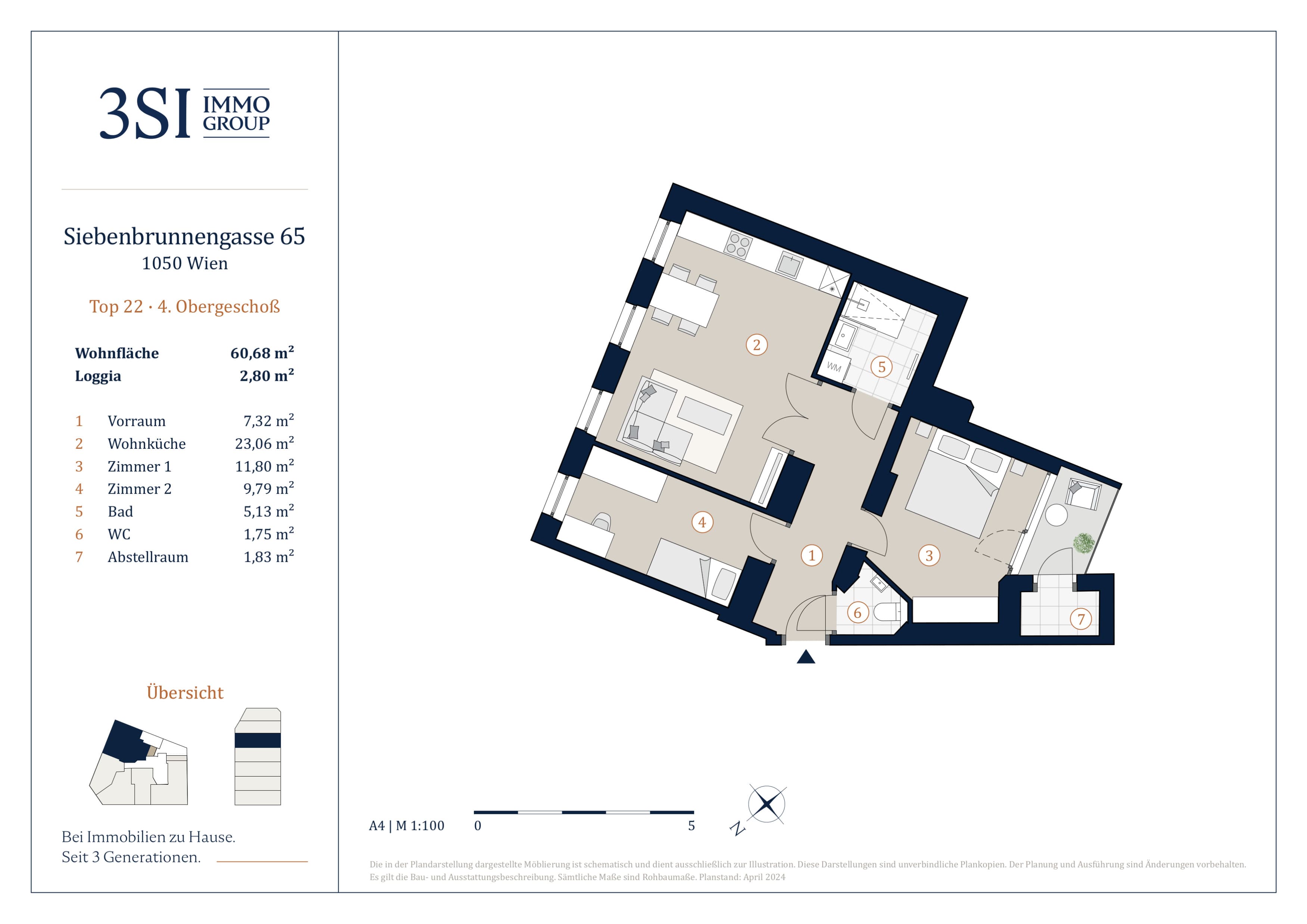 Grundriss Top 22 — Vivienne — 3 Zimmer — 60,1 m² — 4th floor — Loggia 2.8 m²