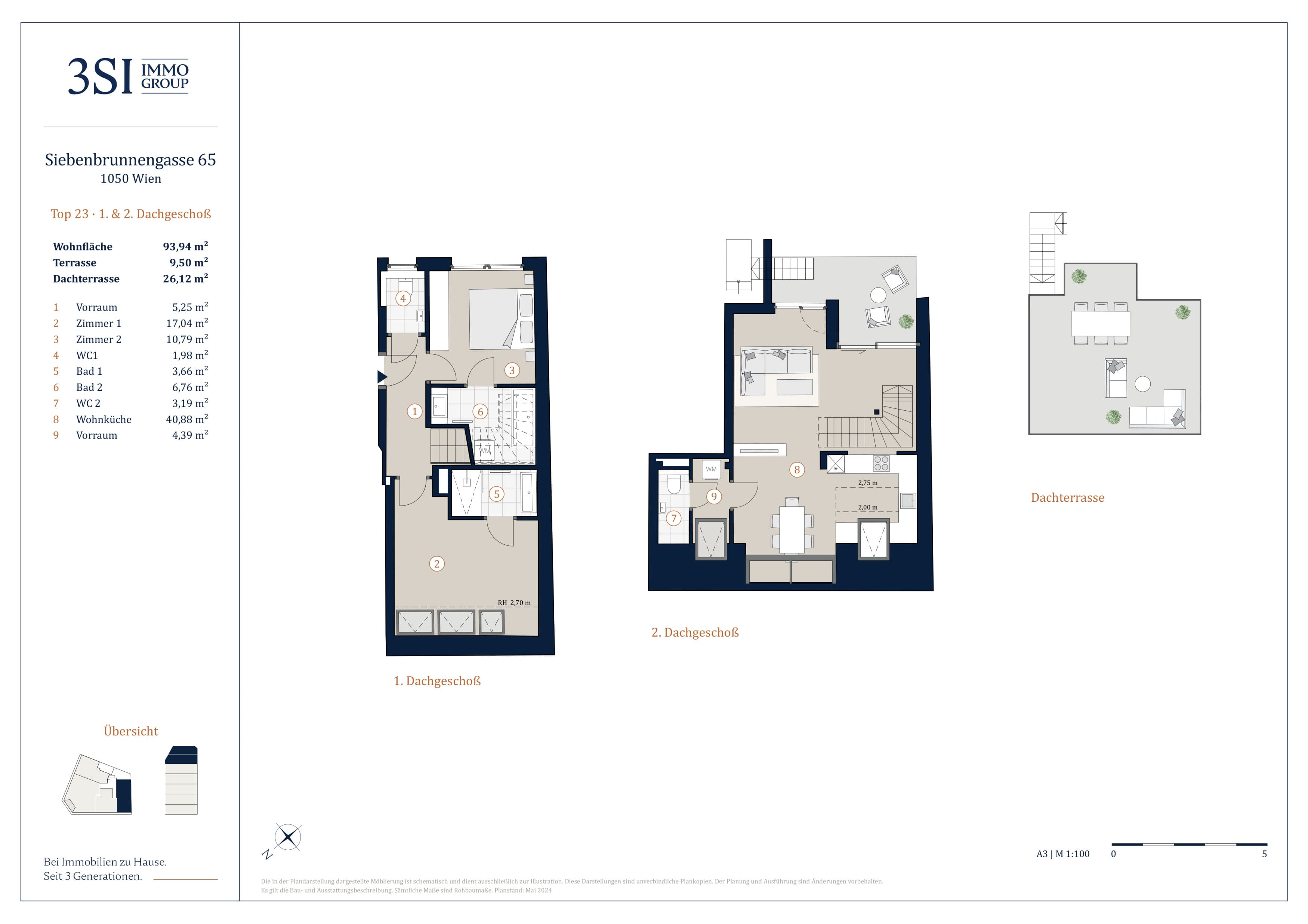 Grundriss Top 23 — Vivienne — 3 Zimmer — 93,9 m² — 1st attic floor / 2nd attic floor / Penthouse — Terrasse 35.62 m²