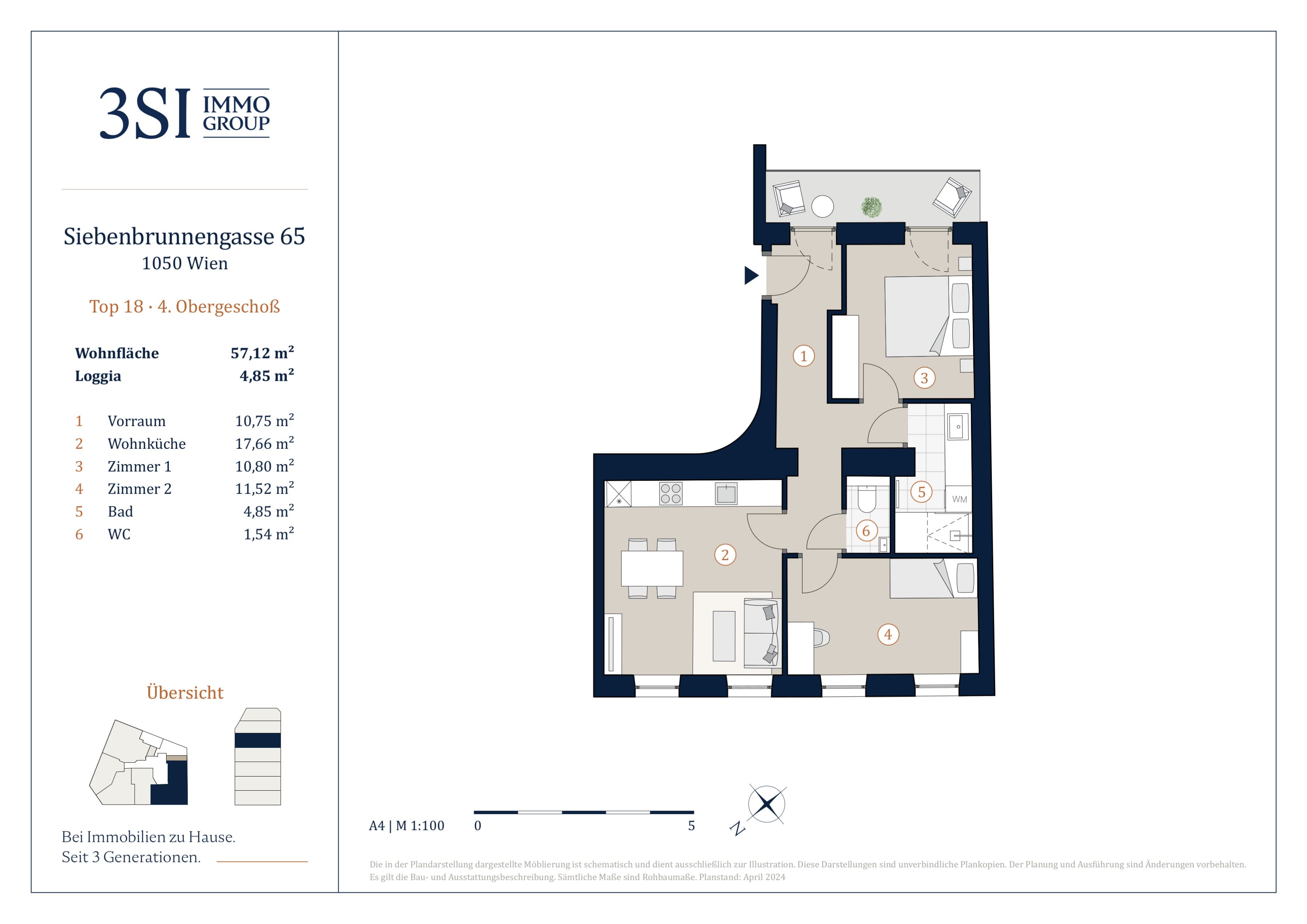 Grundriss Top 18 — Vivienne — 3 Zimmer — 57,1 m² — 4th floor — Loggia 4.85 m²