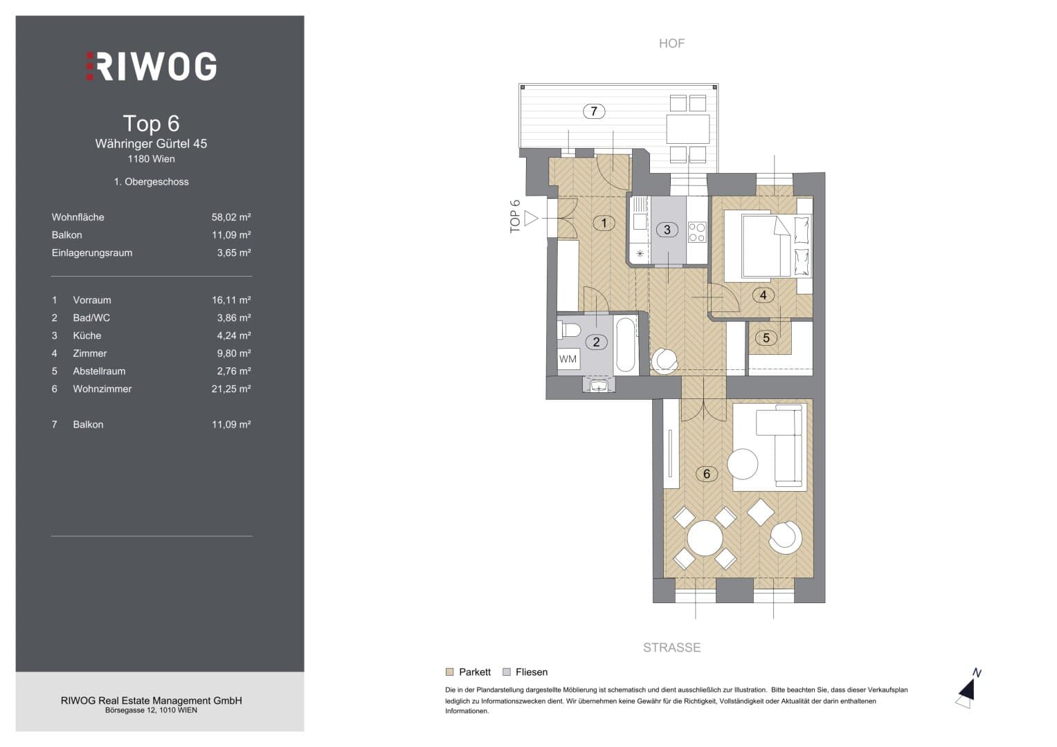 Grundriss Top 6 — Währinger Gürtel 45 — 2 Zimmer — 58 m² — 1st floor