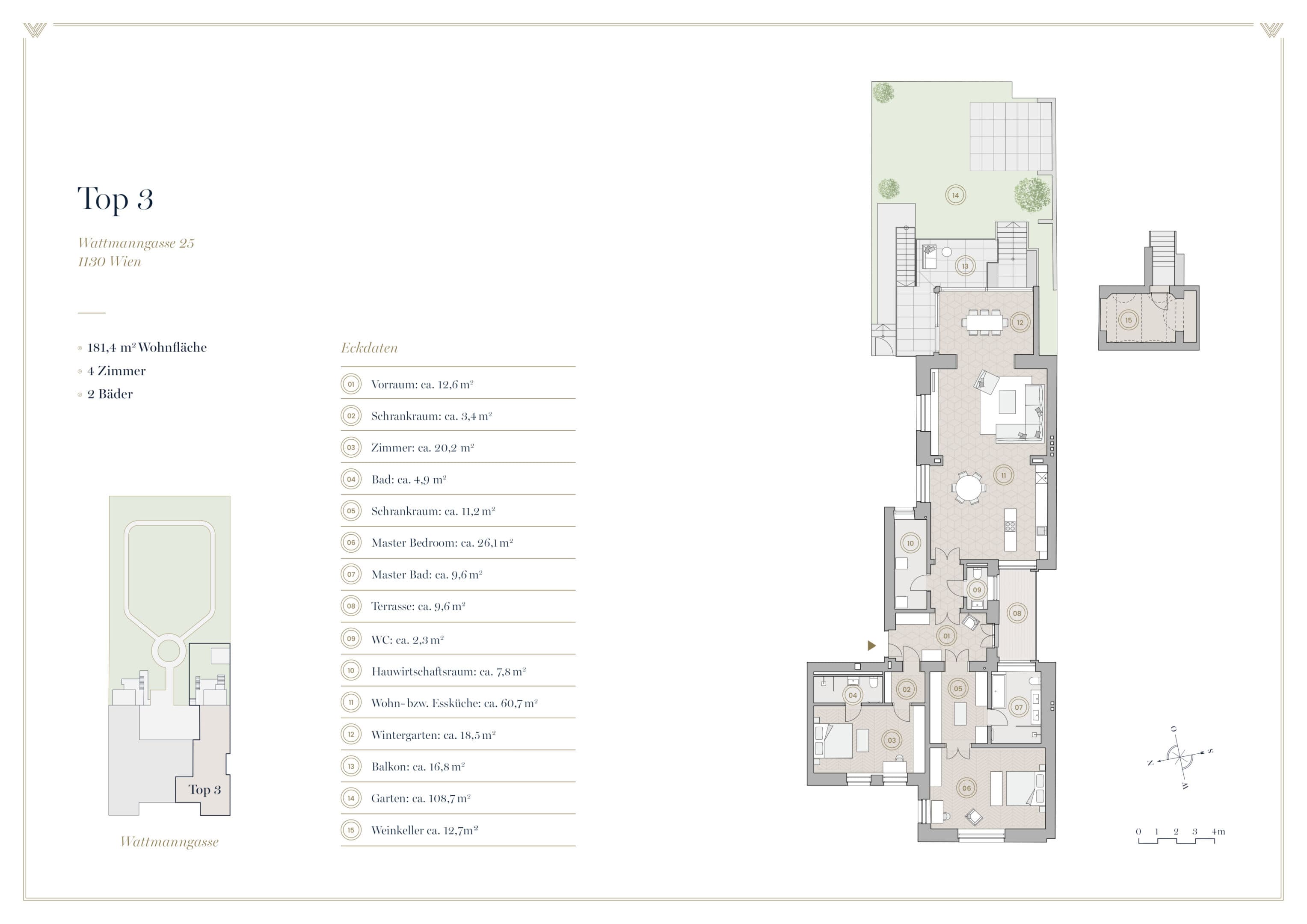 Grundriss Top 3 — Wattmanngasse 25 — 3.5 Zimmer — 181,4 m² — Ground floor / Mezzanine
