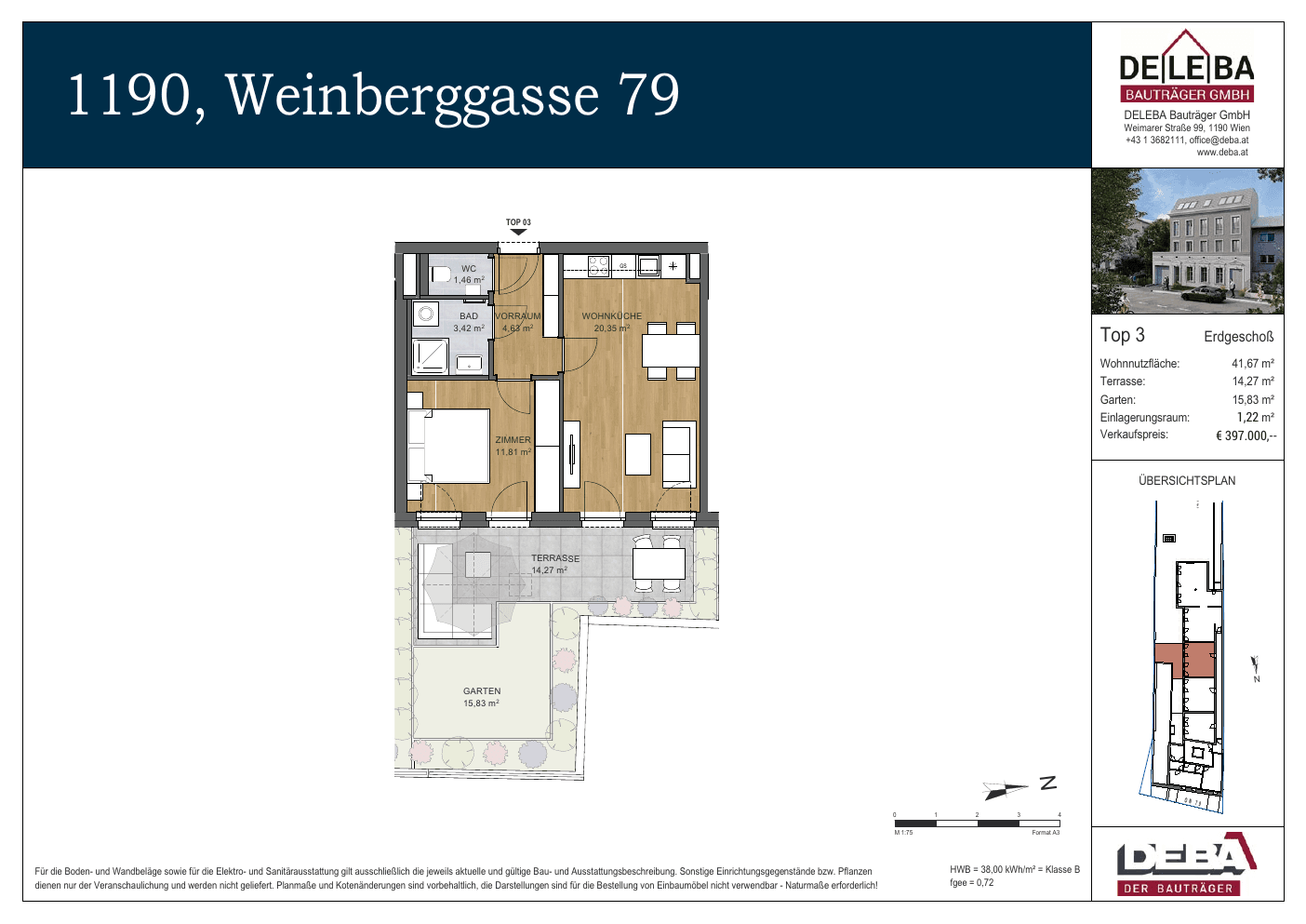 Grundriss Top 3 — Weinberggasse 79 — 2 Zimmer — 41,7 m² — Ground floor