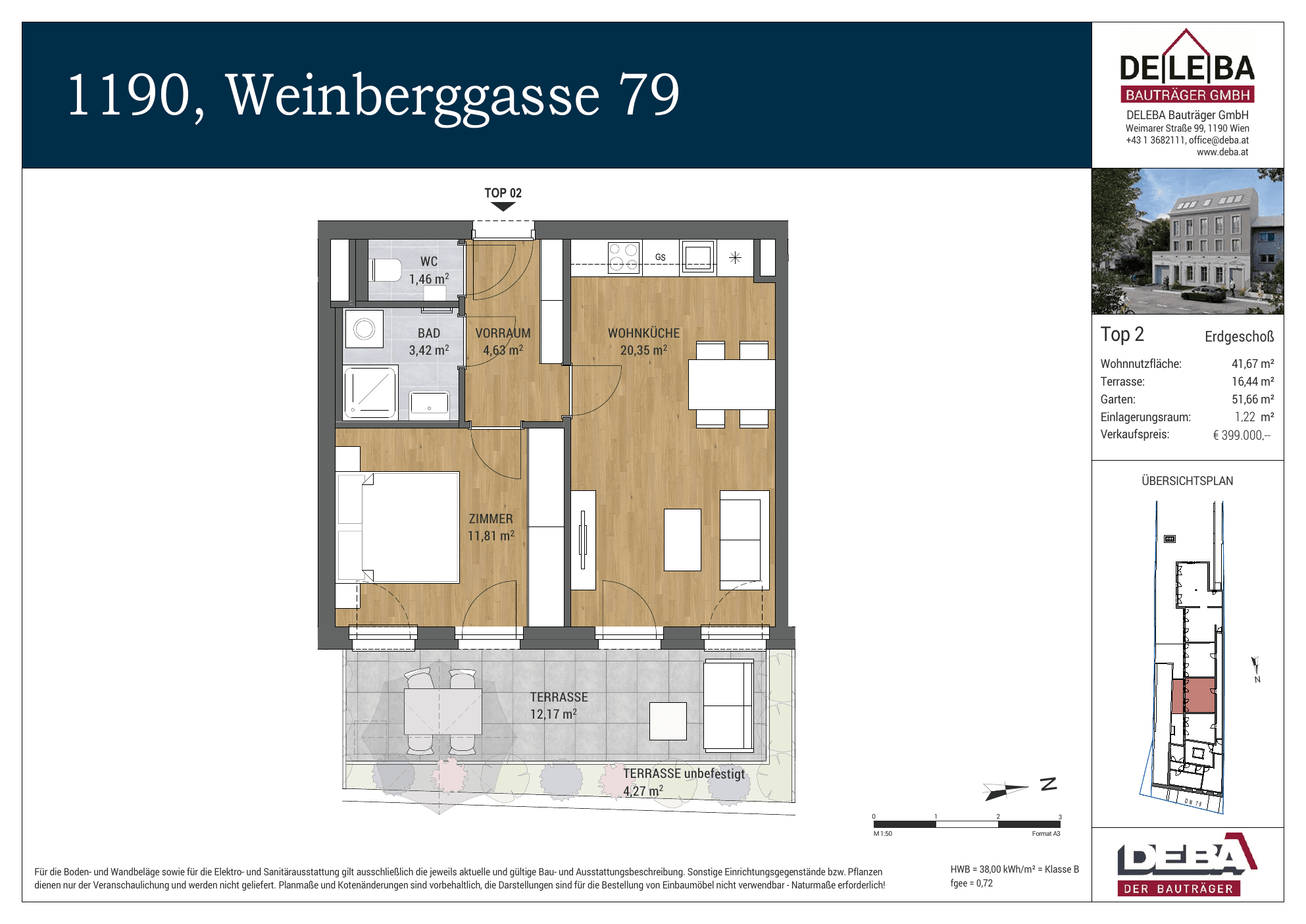 Grundriss Top 2 — Weinberggasse 79 — 2 Zimmer — 41,7 m² — Ground floor — Grundriss 1/2