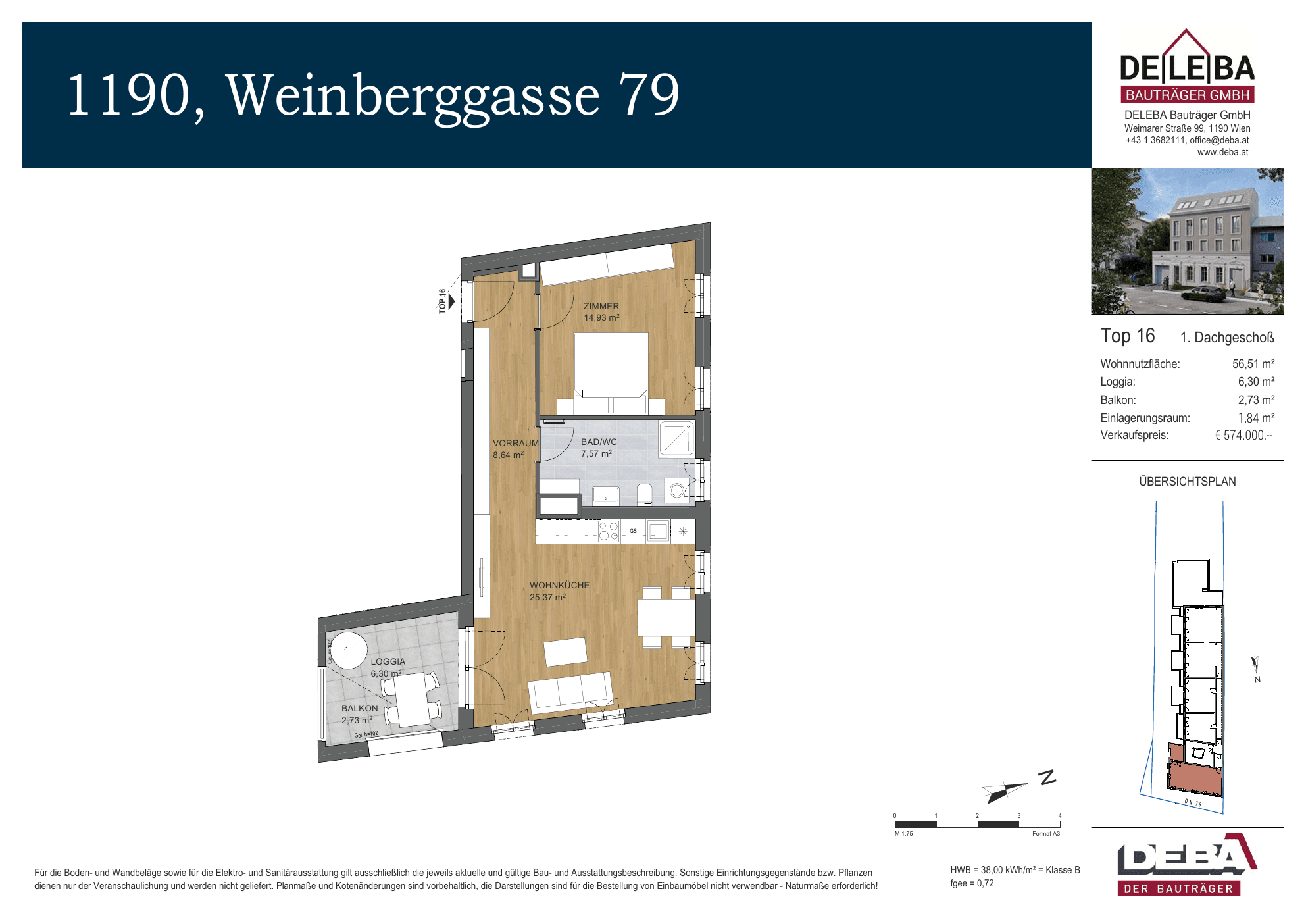 Grundriss Top 16 — Weinberggasse 79 — 2 Zimmer — 56,5 m² — 1st attic floor