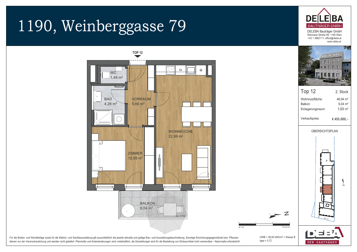 Grundriss Top 12 — Weinberggasse 79 — 2 Zimmer — 46,9 m² — 2nd floor