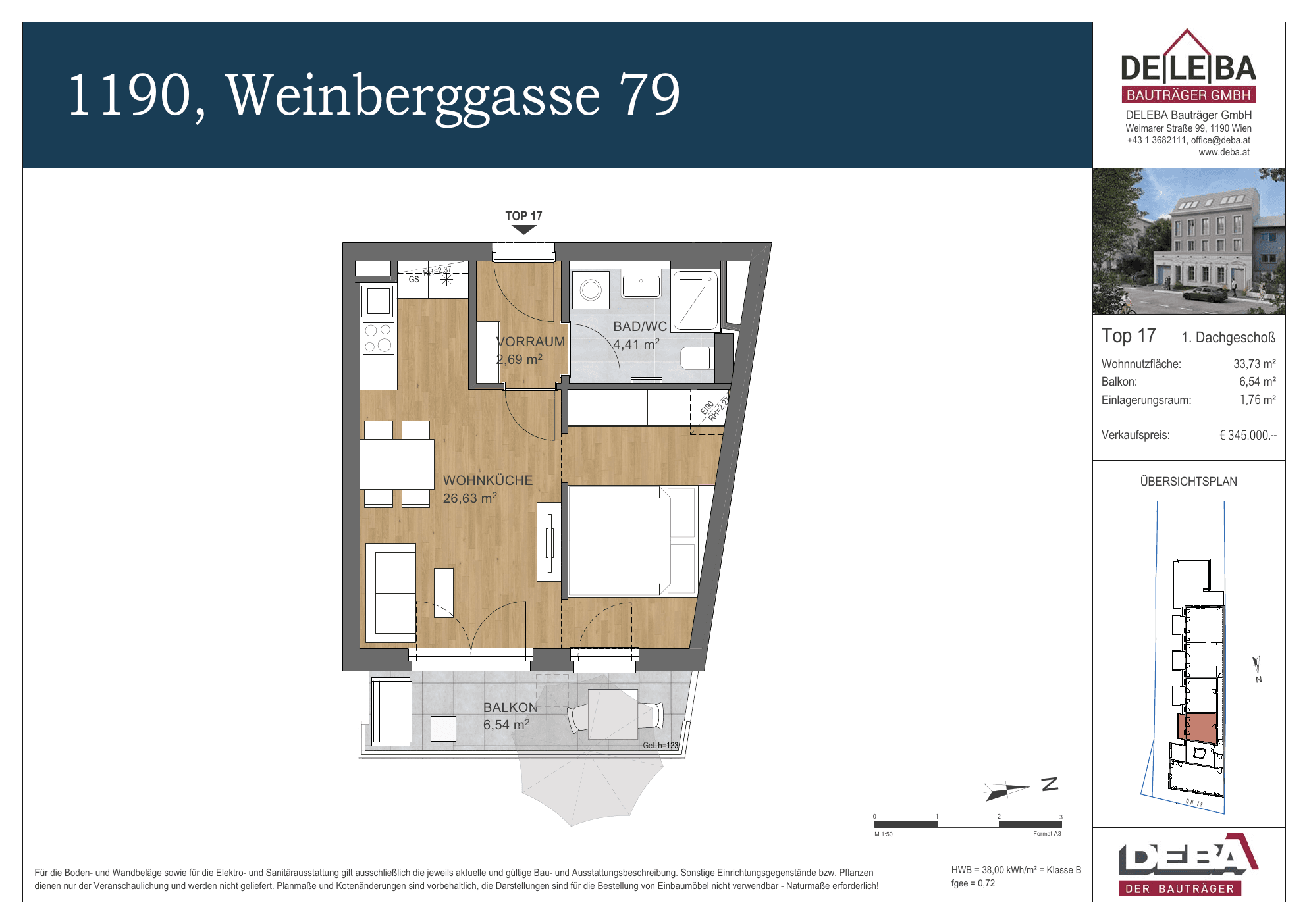 Grundriss Top 17 — Weinberggasse 79 — 1 Zimmer — 33,7 m² — 1st attic floor