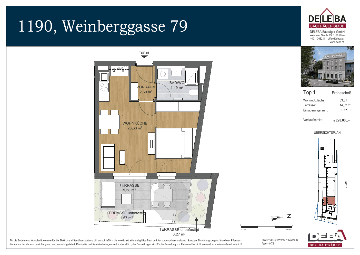 Grundriss Top 1 — Weinberggasse 79 — 1 Zimmer — 33,8 m² — Ground floor