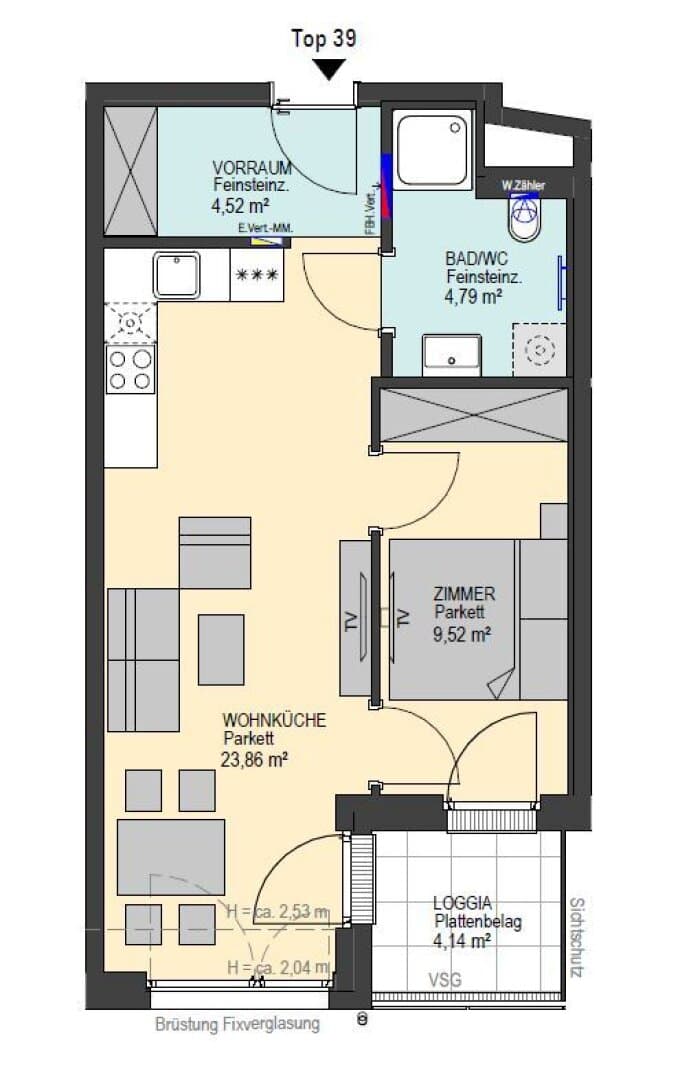 Grundriss Top 39 — Weißgasse 26 — 2 Zimmer — 42,7 m² — 4th floor