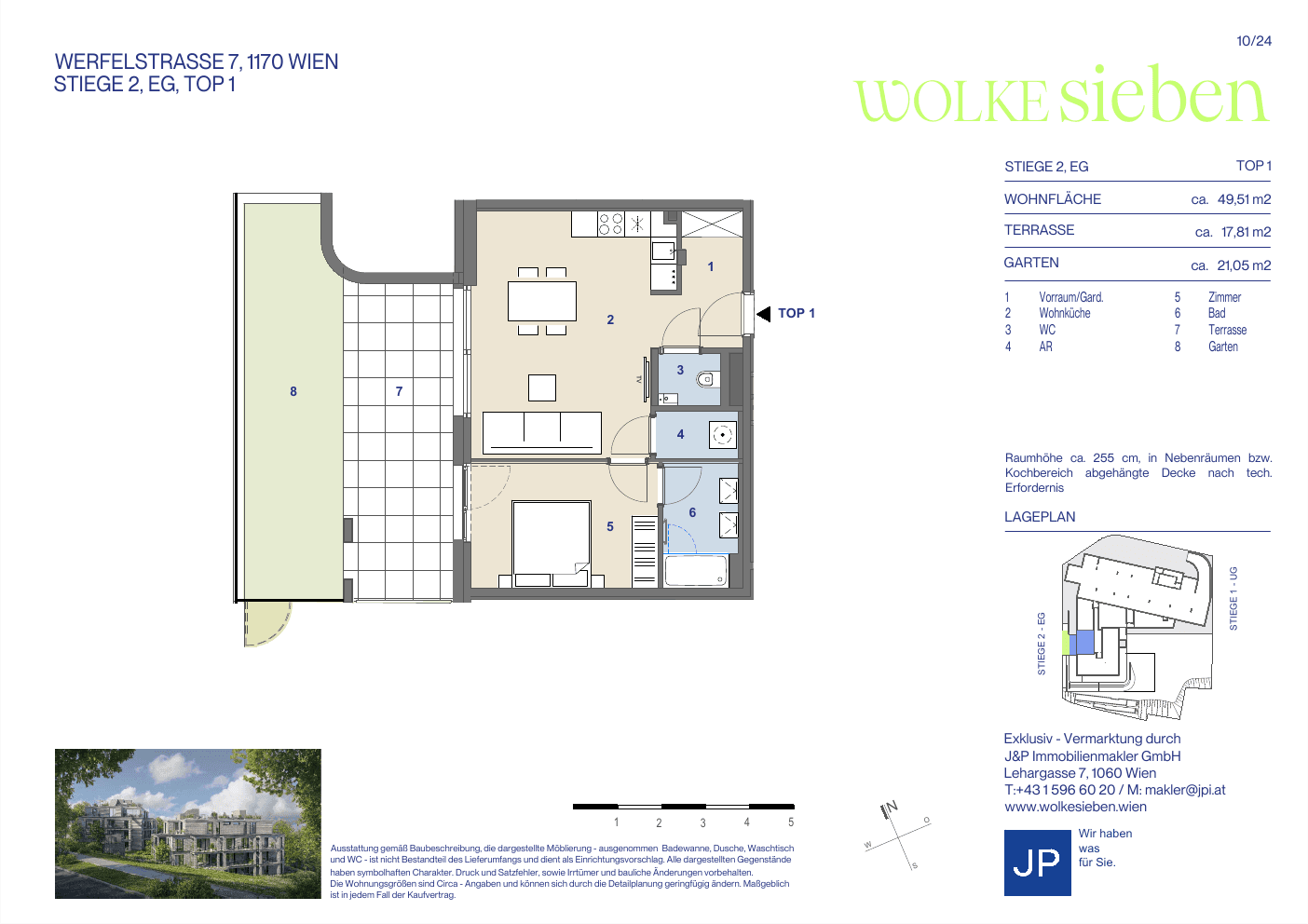 Grundriss Top 2.01 — WOLKE sieben — 2 Zimmer — 49,5 m² — Ground floor — Terrasse, Eigengarten