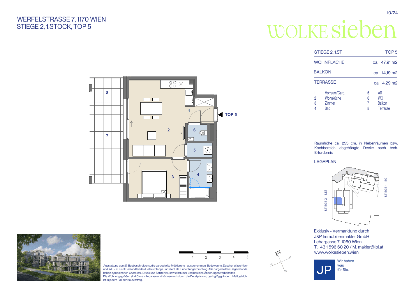 Grundriss Top 2.05 — WOLKE sieben — 2 Zimmer — 47,9 m² — 1st floor — Balkon, Terrasse