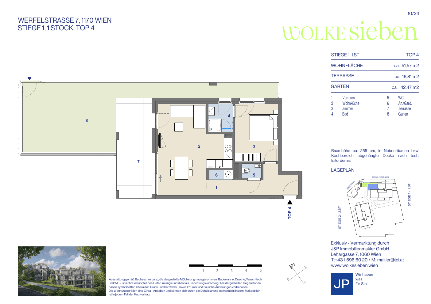 Grundriss Top 1.04 — WOLKE sieben — 2 Zimmer — 51,6 m² — 1st floor — Terrasse, Eigengarten
