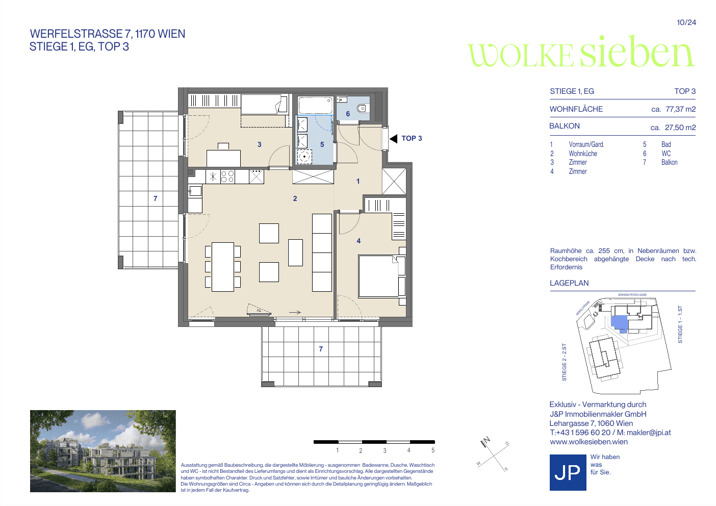 Grundriss Top 1.03 — WOLKE sieben — 3 Zimmer — 77,4 m² — 1st floor — Balkon