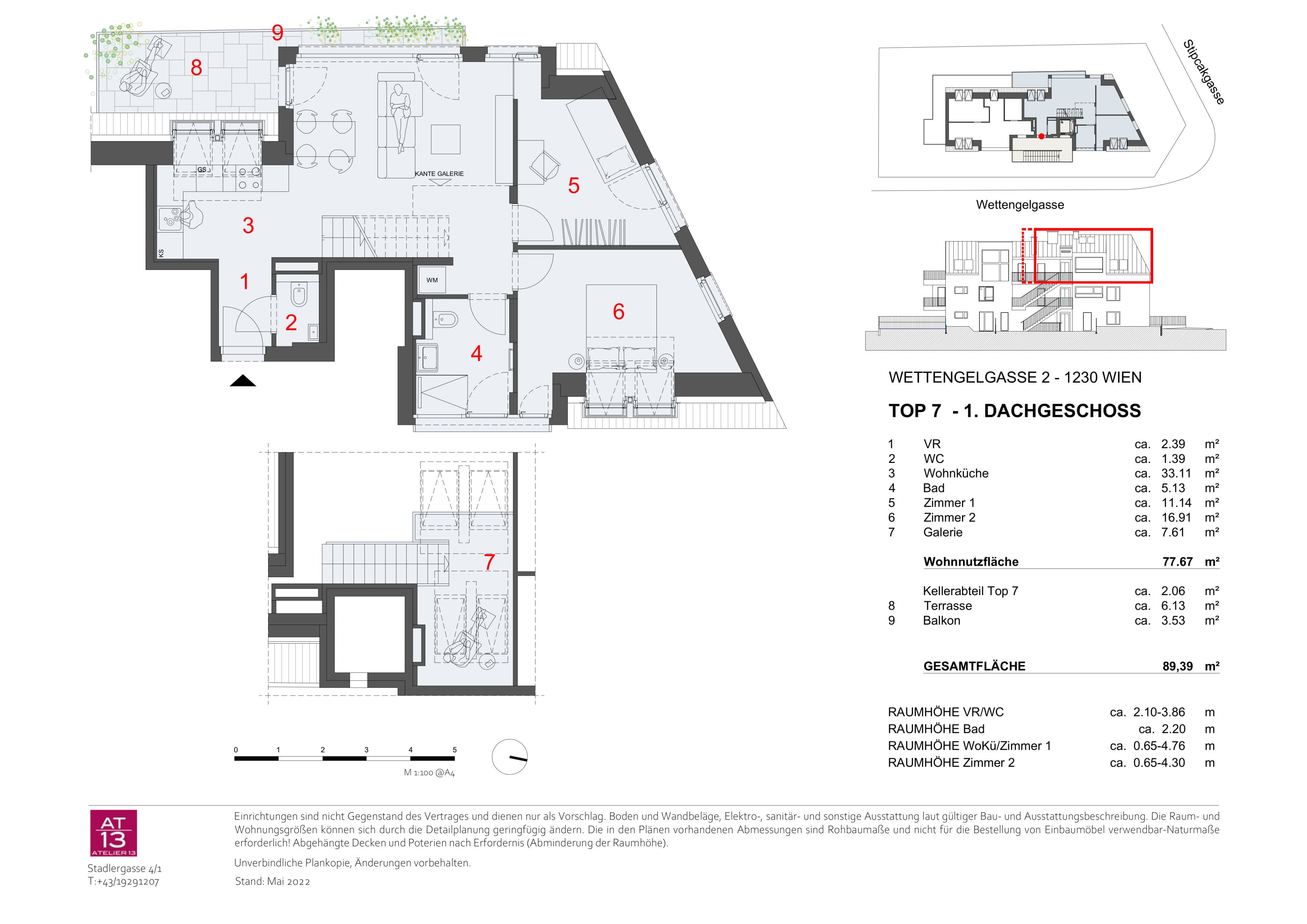 Grundriss Top 7 — Wettengelgasse 2 — 3 Zimmer — 77,7 m² — 1st attic floor