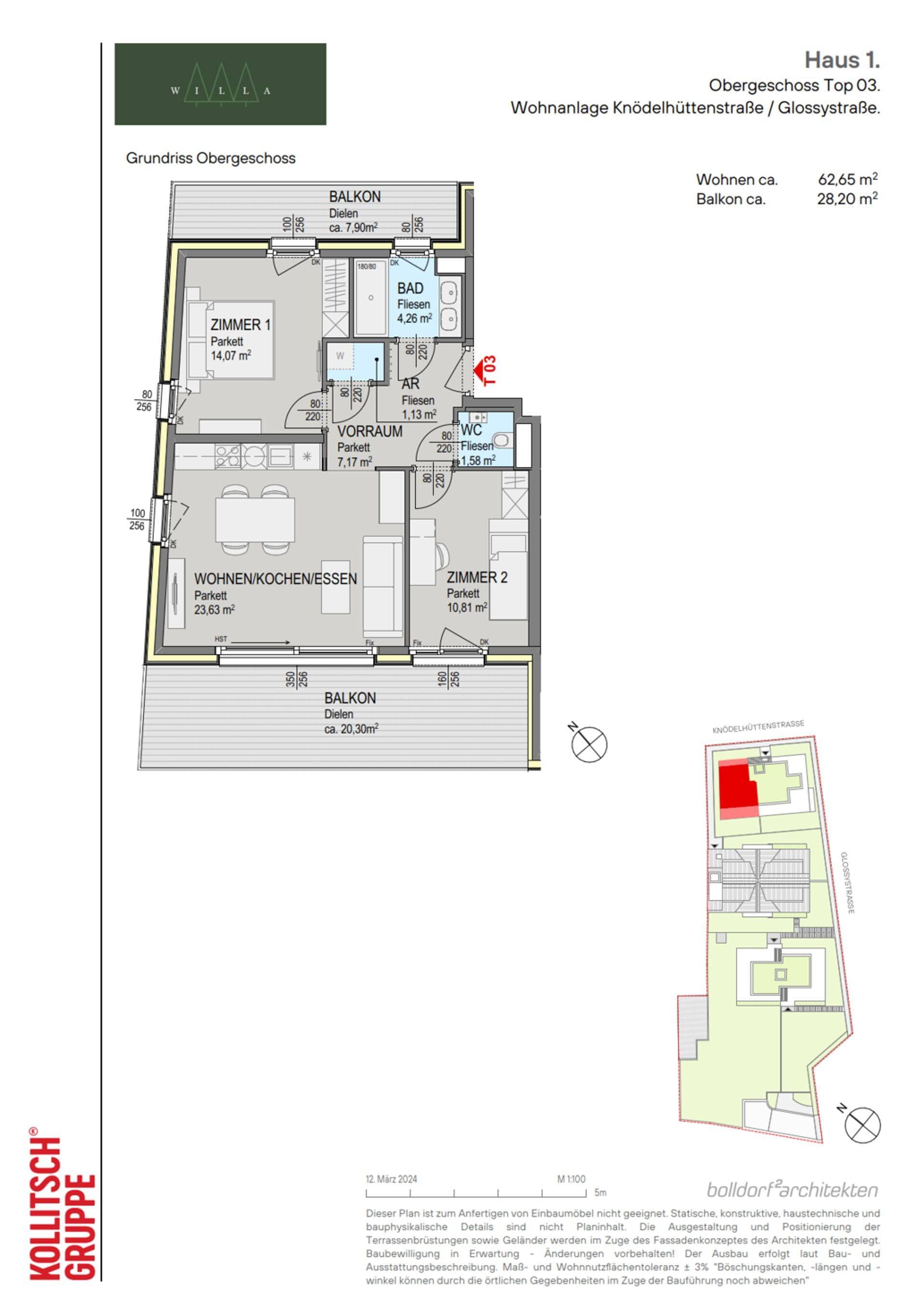 Grundriss Top 103 — Willa — 3 Zimmer — 62,7 m² — 1st floor — south, west, north