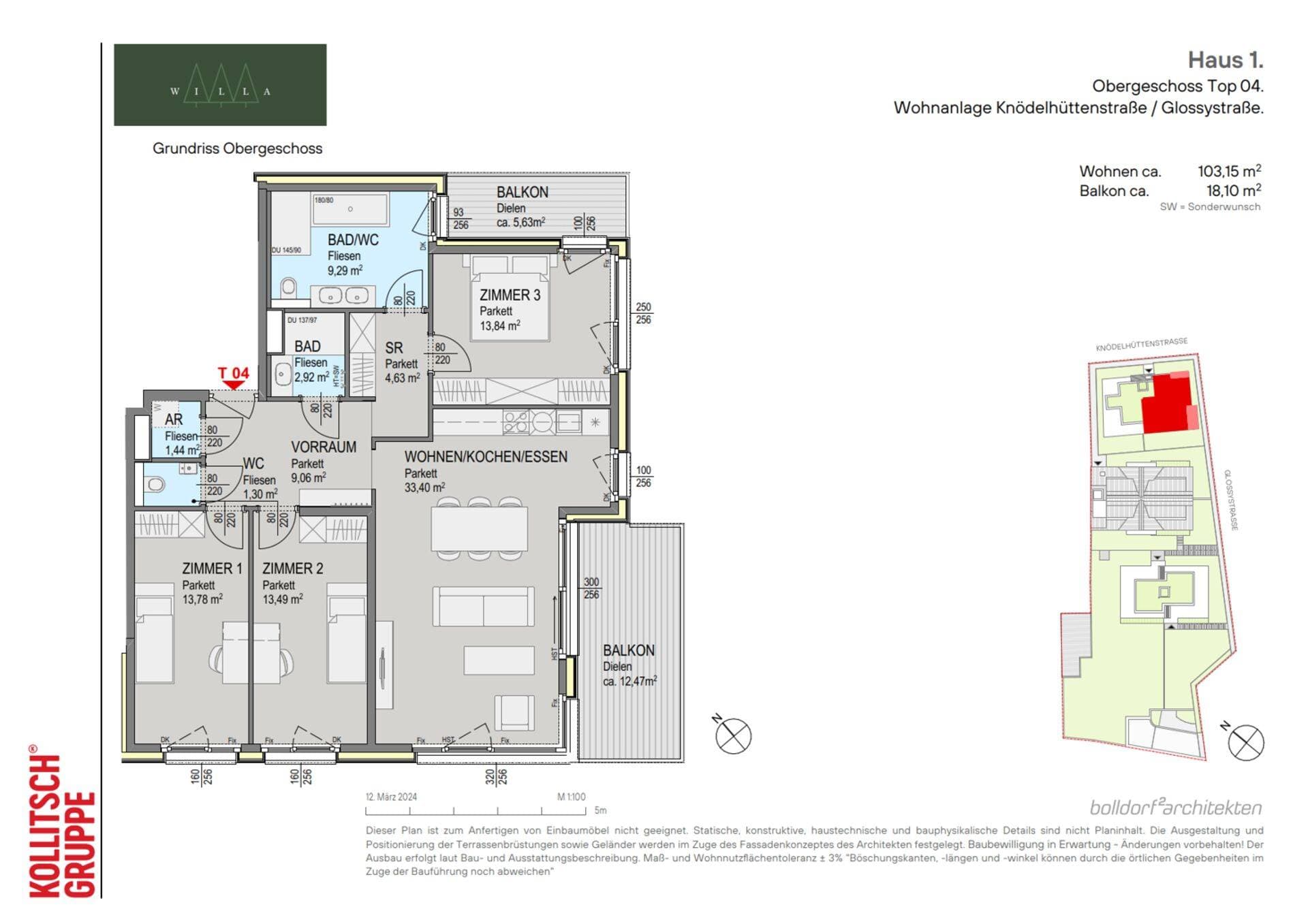 Grundriss Top 104 — Willa — 4 Zimmer — 103,2 m² — 1st floor — north, east, south