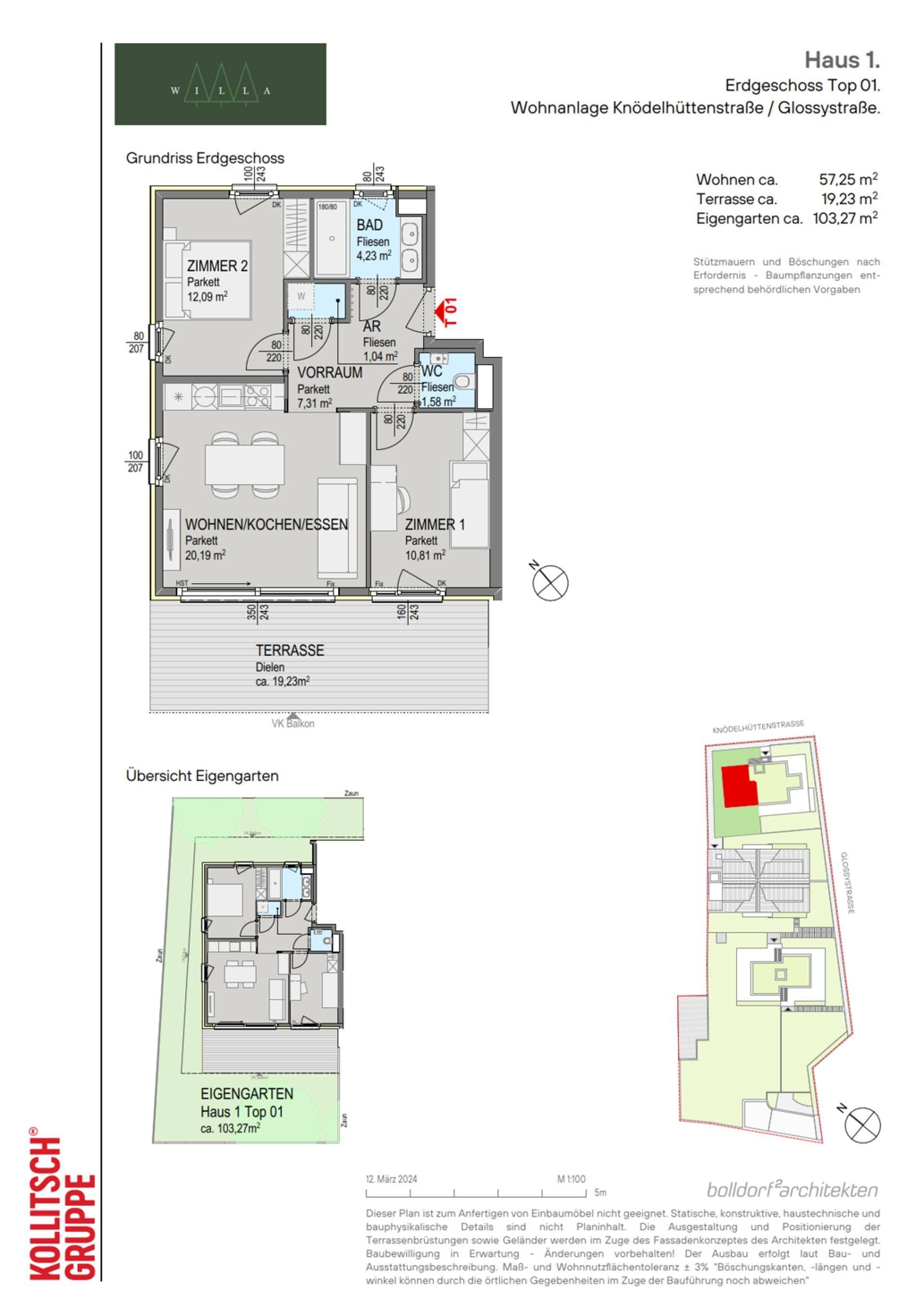 Grundriss Top 101 — Willa — 3 Zimmer — 57,3 m² — Ground floor — south, west, north