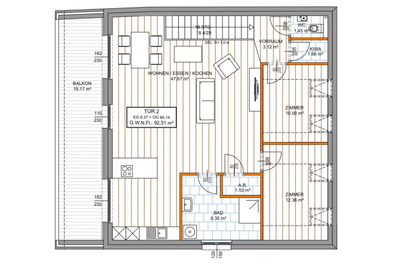 Grundriss Haus 1 Top 2 — Winzergefühl — 3 Zimmer — 92,5 m² — Attic floor — Süd