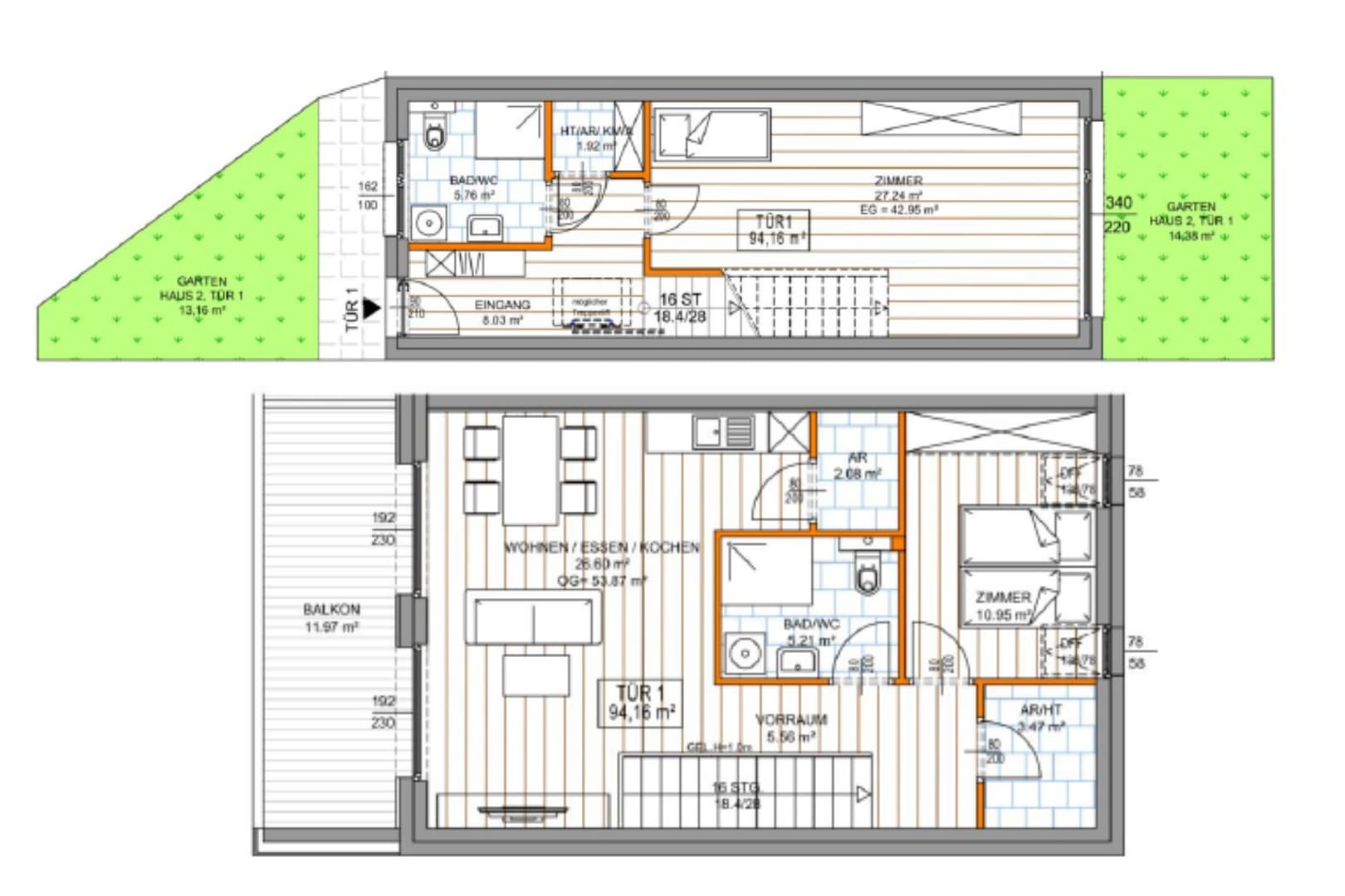 Grundriss Haus 2 Top 1 — Winzergefühl — 3 Zimmer — 94,2 m² — Maisonette — Süd