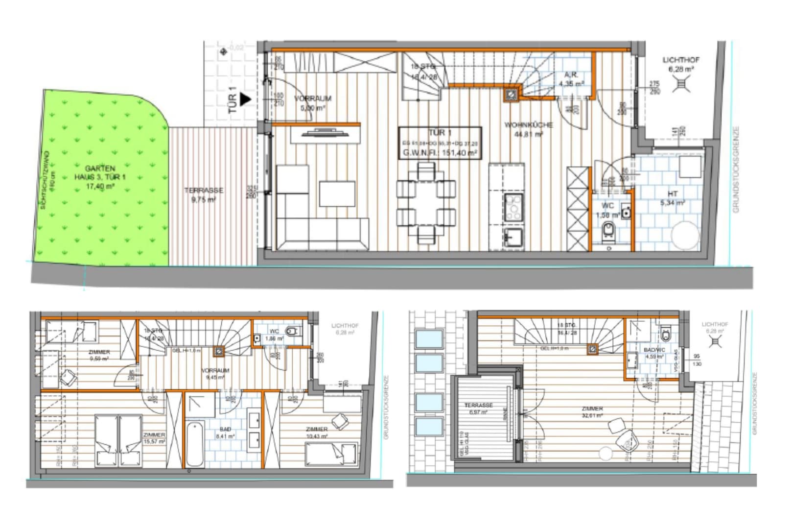 Grundriss Haus 3 Top 1 — Winzergefühl — 5 Zimmer — 151,4 m² — Maisonette — Süd