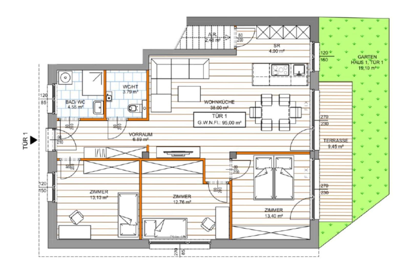 Grundriss Haus 1 Top 1 — Winzergefühl — 4 Zimmer — 95 m² — Ground floor — Süd
