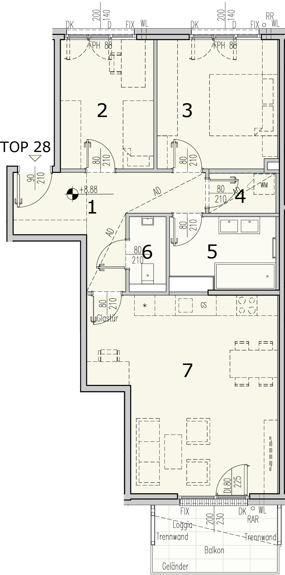 Grundriss Top 2.28 — WohnWildnis 1210 — 3 Zimmer — 73,8 m² — 3rd floor — Loggia 2.69 m², Balkon 4.47 m²