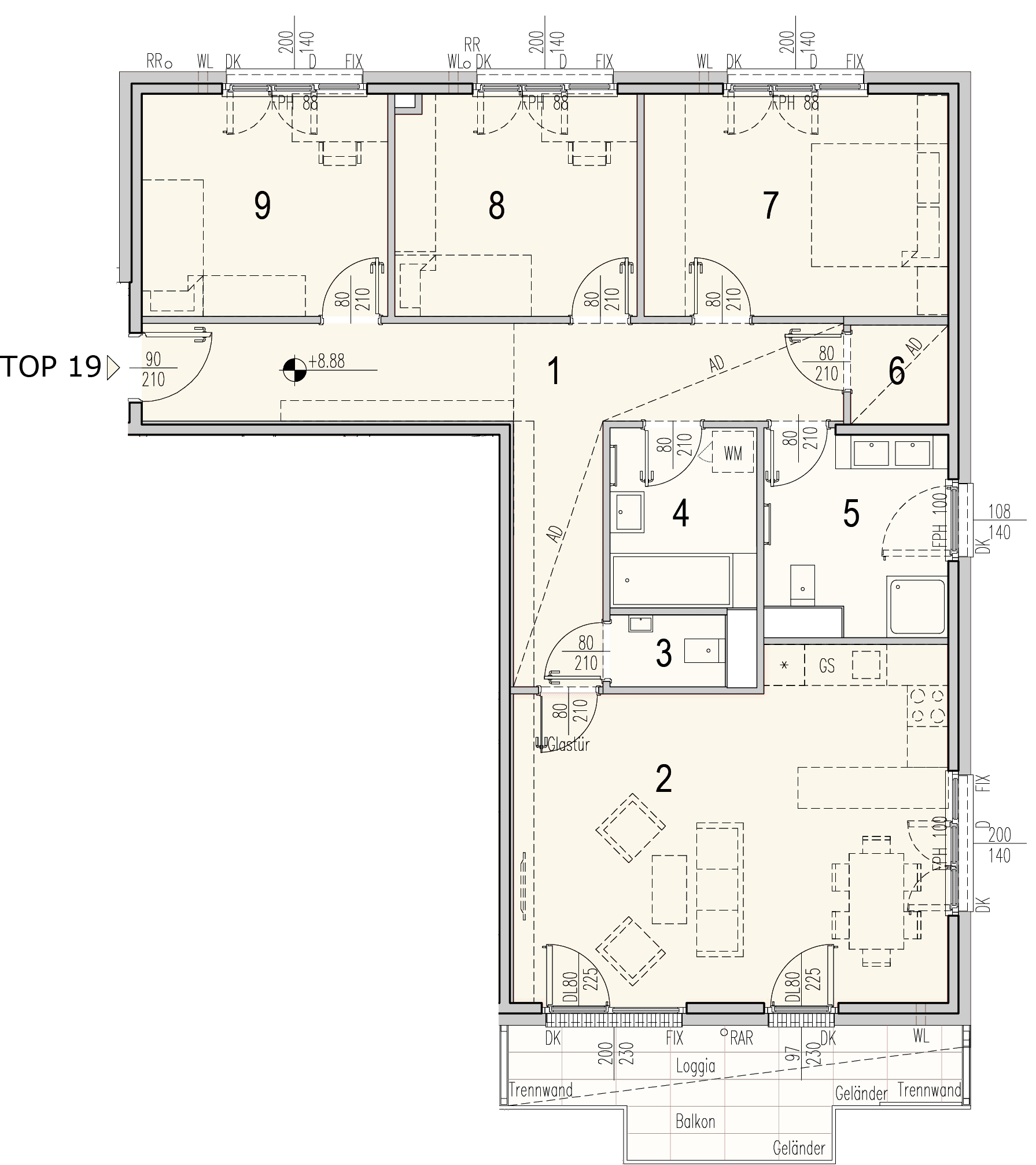 Grundriss Top 3.19 — WohnWildnis 1210 — 4 Zimmer — 105,6 m² — 3rd floor — Loggia 4.97 m², Balkon 5.24 m²
