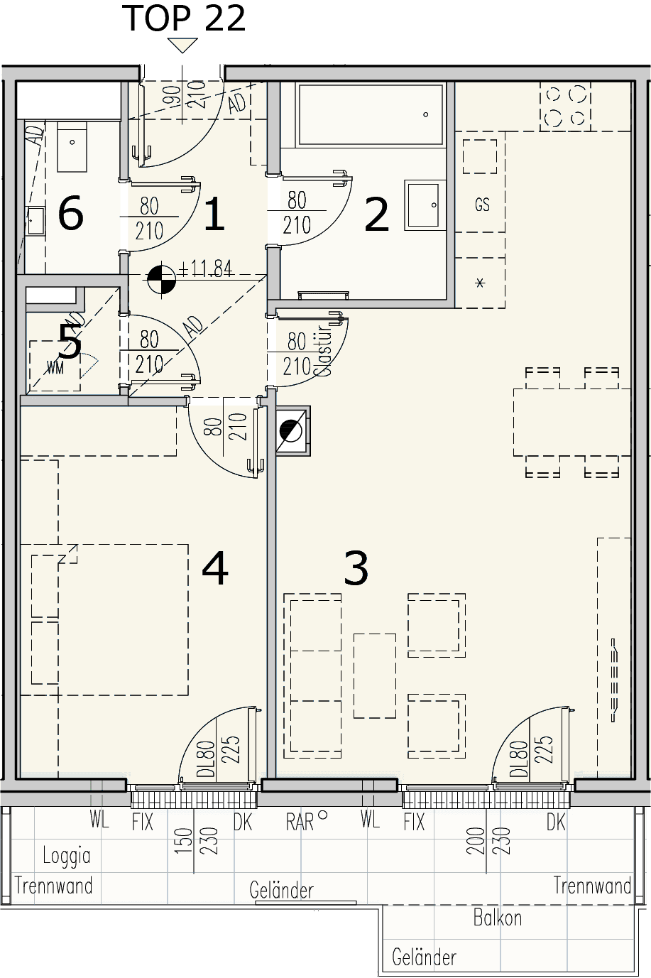 Grundriss Top 3.22 — WohnWildnis 1210 — 2 Zimmer — 57,3 m² — 4th floor — Loggia 8.73 m², Balkon 2.4 m²