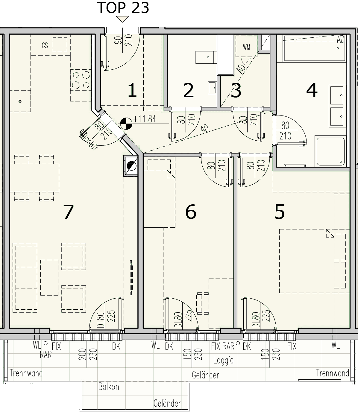 Grundriss Top 3.23 — WohnWildnis 1210 — 3 Zimmer — 75,2 m² — 4th floor — Loggia 11.37 m², Balkon 2.4 m²