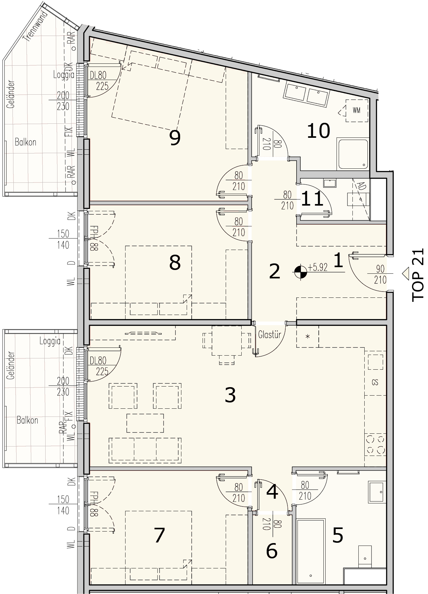Grundriss Top 2.21 — WohnWildnis 1210 — 4 Zimmer — 106,2 m² — 2nd floor — Loggia 2.87 m², Balkon 12.93 m²