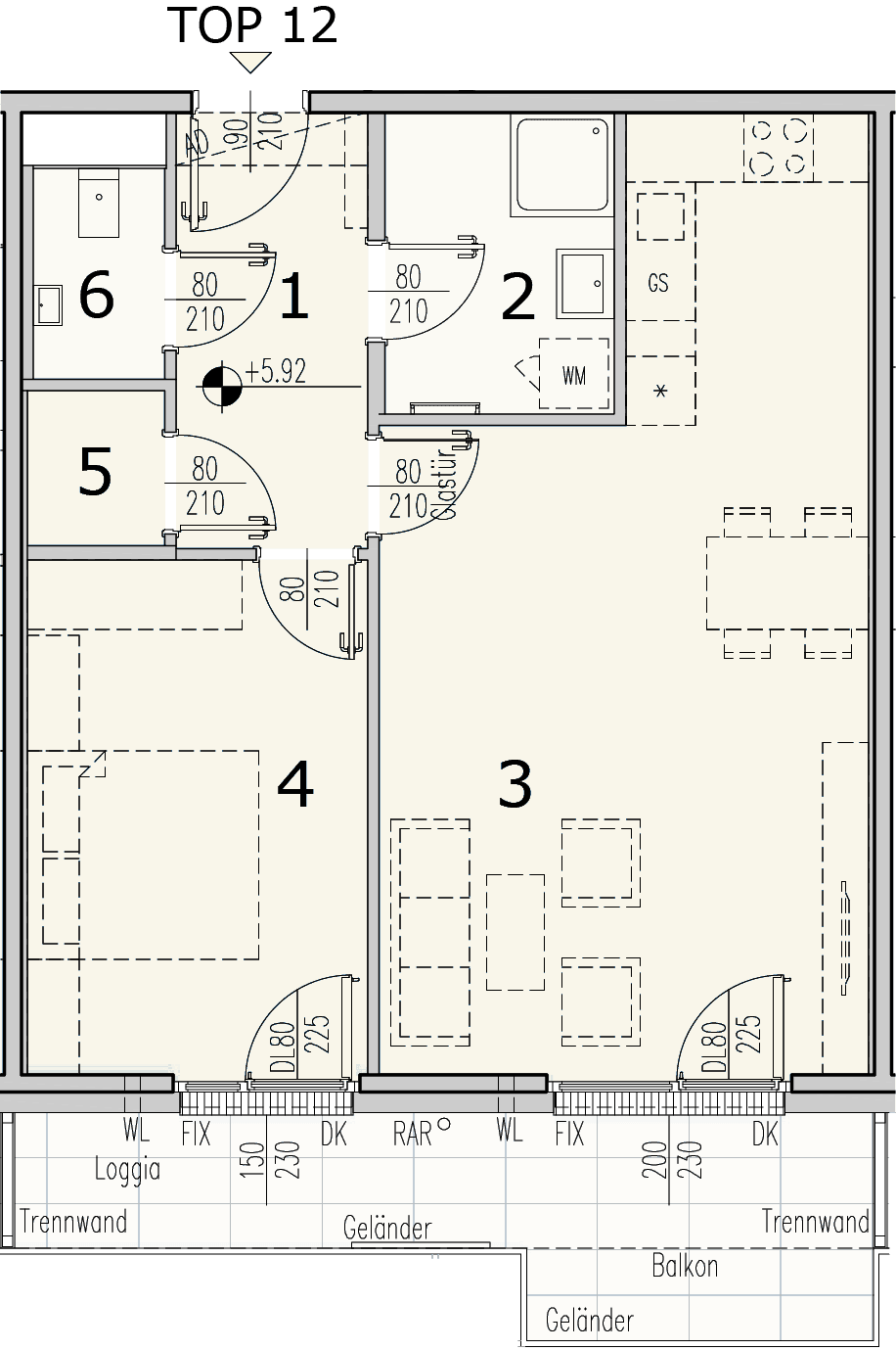 Grundriss Top 3.12 — WohnWildnis 1210 — 2 Zimmer — 57,9 m² — 2nd floor — Loggia 8.73 m², Balkon 2.4 m²