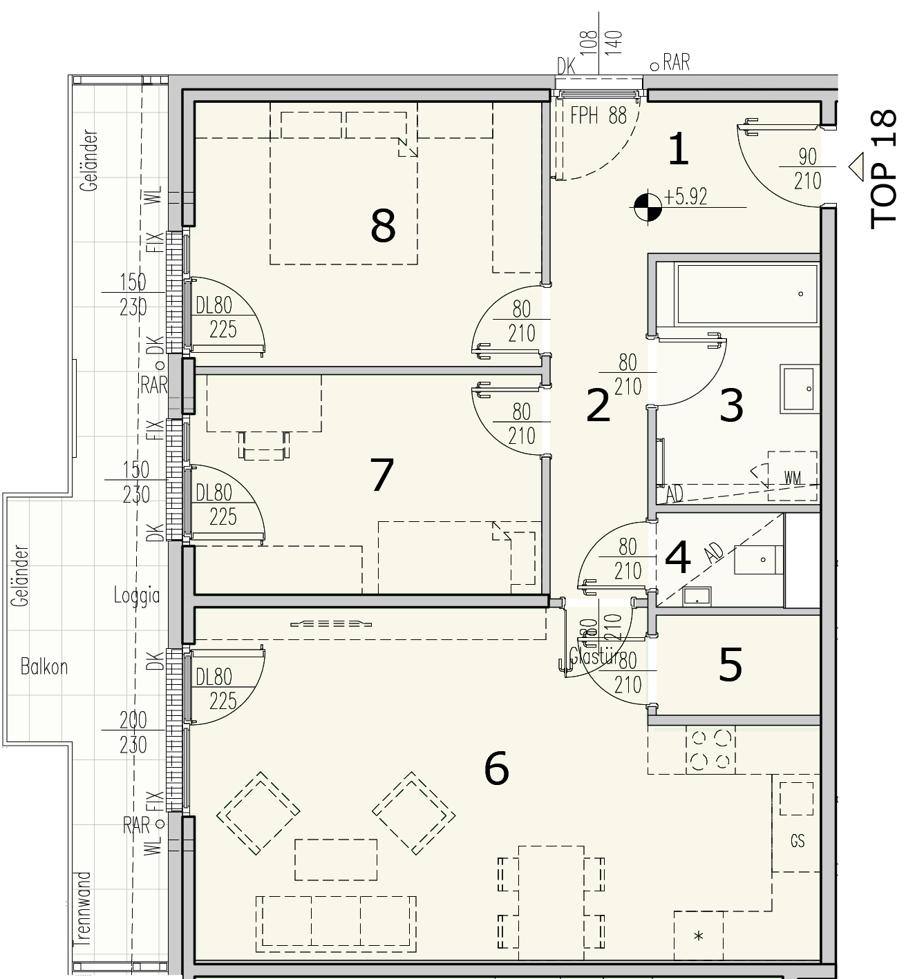 Grundriss Top 2.18 — WohnWildnis 1210 — 3 Zimmer — 77,3 m² — 2nd floor — Loggia 4.11 m², Balkon 10.92 m²