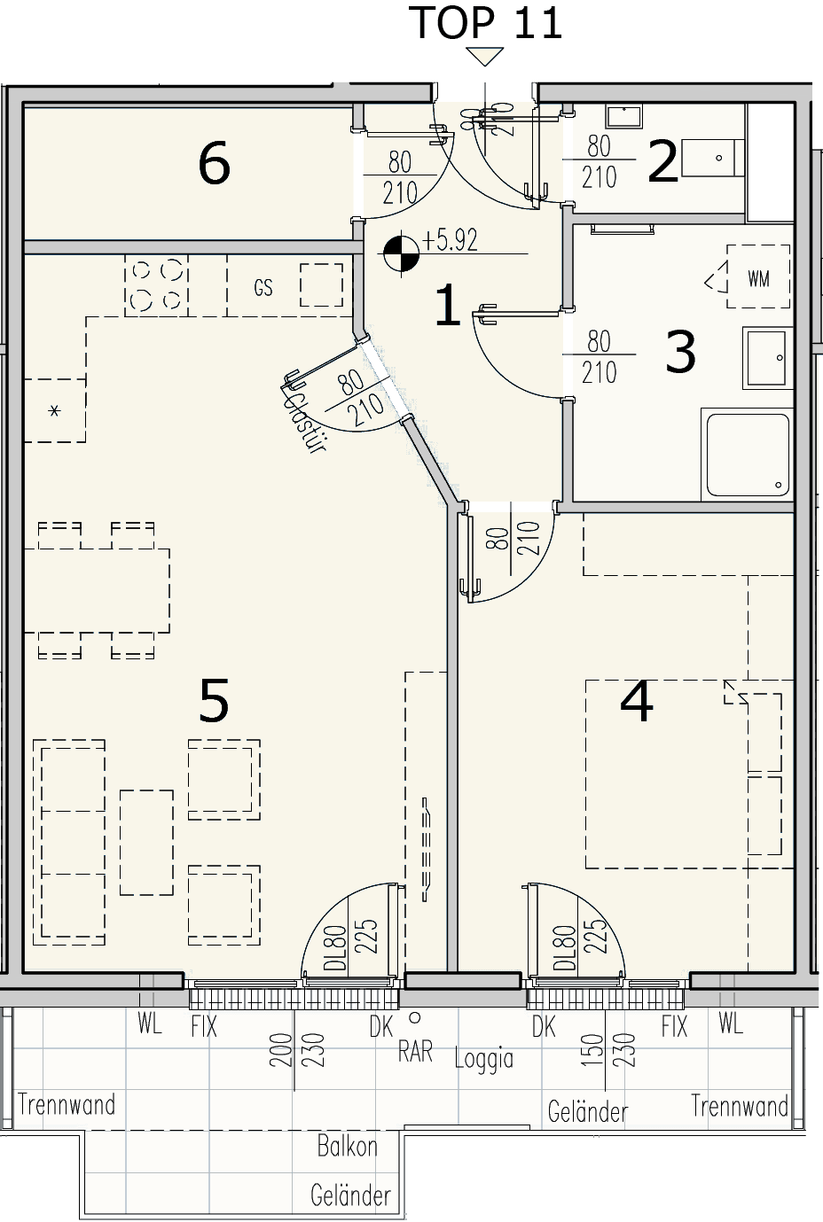 Grundriss Top 3.11 — WohnWildnis 1210 — 2 Zimmer — 58,7 m² — 2nd floor — Loggia 8.73 m², Balkon 2.4 m²