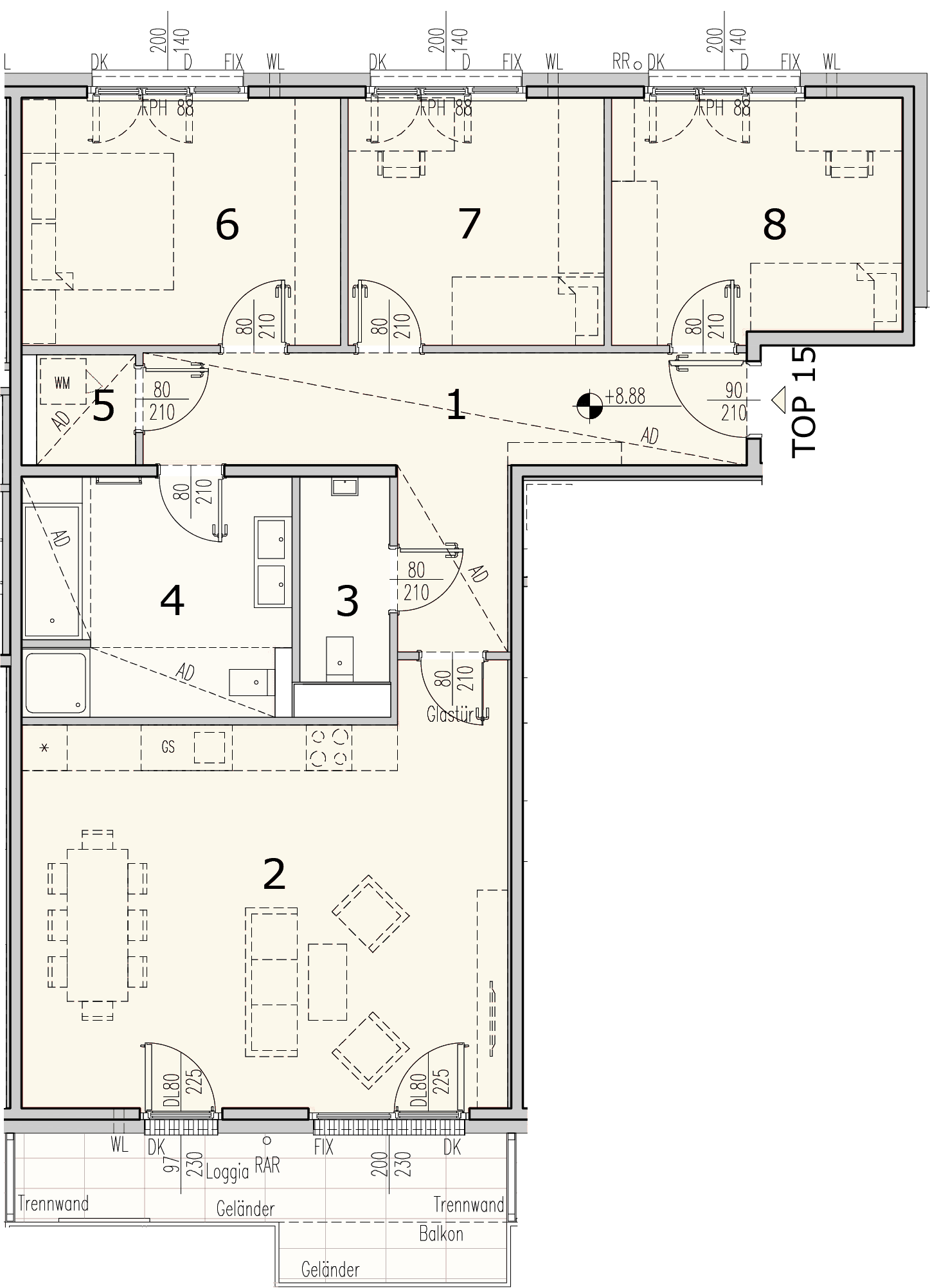 Grundriss Top 3.15 — WohnWildnis 1210 — 4 Zimmer — 102 m² — 3rd floor — Loggia 7.61 m², Balkon 2.4 m²