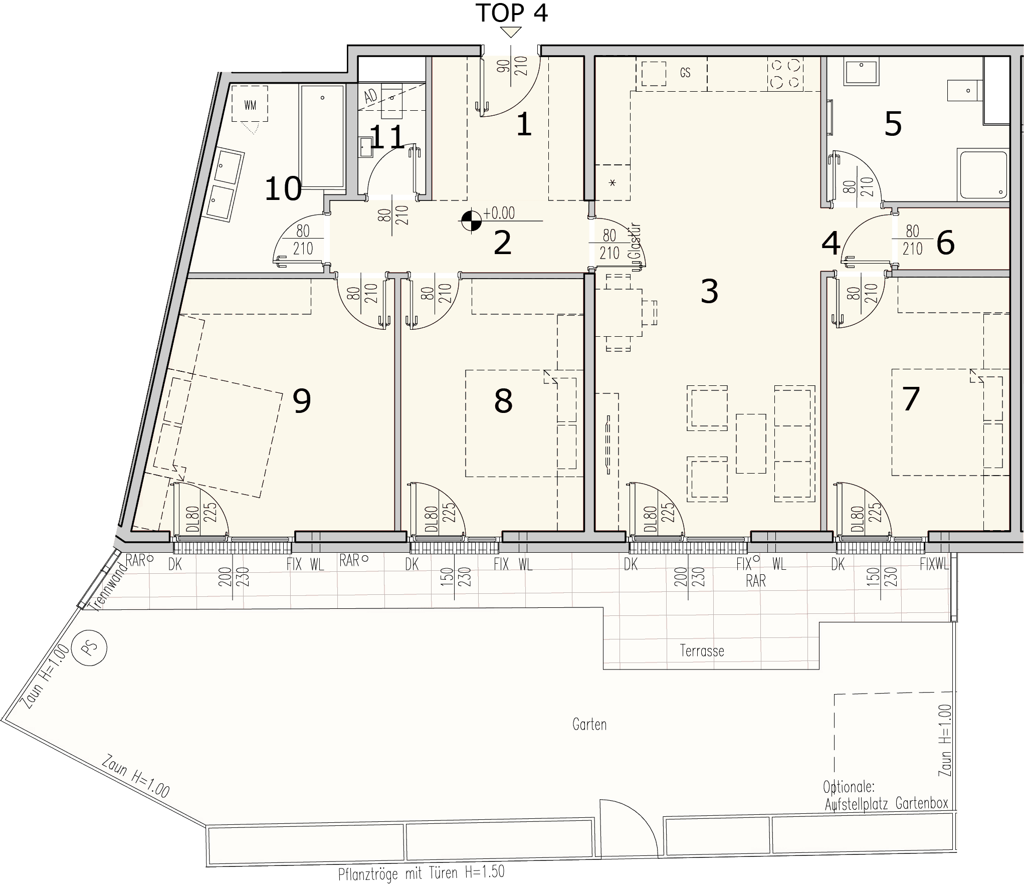 Grundriss Top 2.04 — WohnWildnis 1210 — 4 Zimmer — 106 m² — Ground floor — Terrasse 17.83 m², Garten 56.77 m²