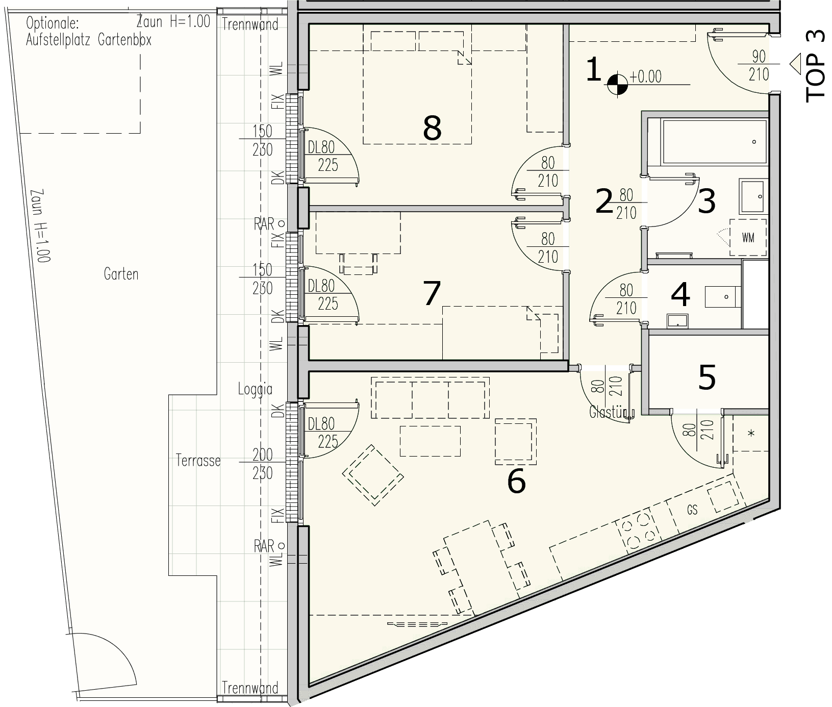 Grundriss Top 2.03 — WohnWildnis 1210 — 3 Zimmer — 68,7 m² — Ground floor — Terrasse 10.64 m², Loggia 5.02 m², Garten 31.24 m²