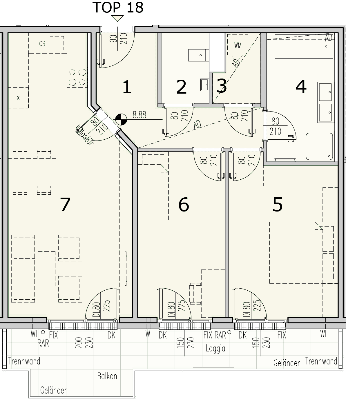 Grundriss Top 3.18 — WohnWildnis 1210 — 3 Zimmer — 75,6 m² — 3rd floor — Loggia 11.37 m², Balkon 2.4 m²