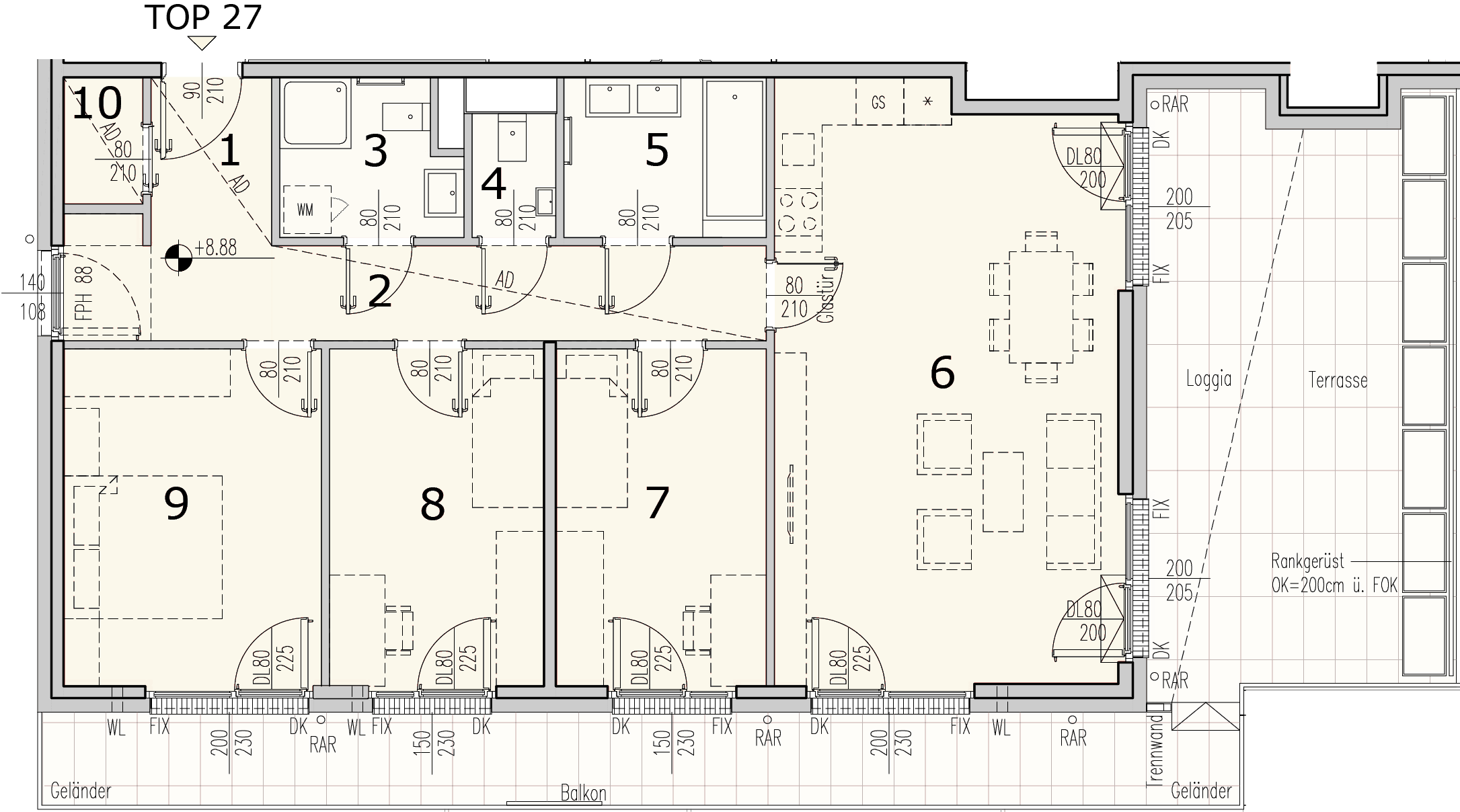 Grundriss Top 2.27 — WohnWildnis 1210 — 4 Zimmer — 96,5 m² — 3rd floor — Terrasse 20.06 m², Loggia 9.05 m², Balkon 17.64 m²
