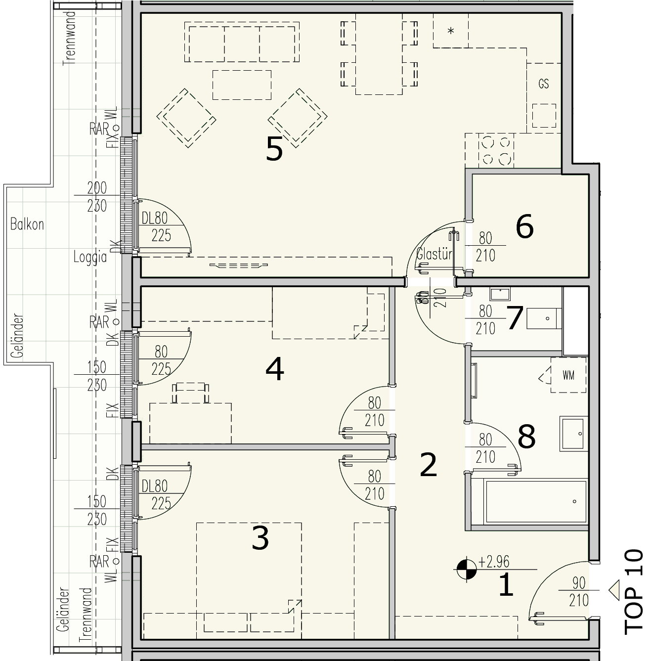 Grundriss Top 2.10 — WohnWildnis 1210 — 3 Zimmer — 77,4 m² — 1st floor — Loggia 4.85 m², Balkon 10.36 m²
