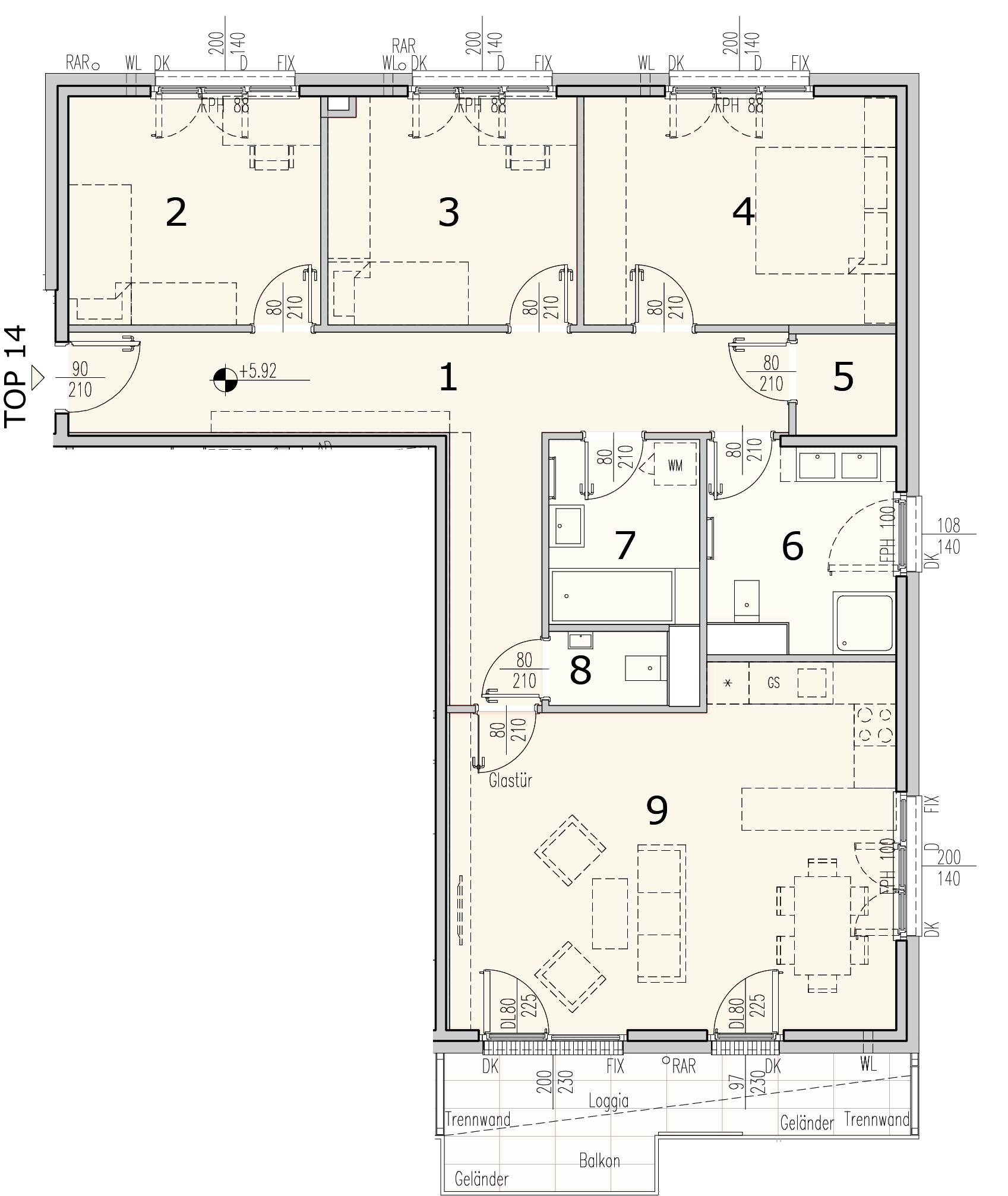 Grundriss Top 3.14 — WohnWildnis 1210 — 4 Zimmer — 105,6 m² — 2nd floor — Loggia 4.97 m², Balkon 5.24 m²